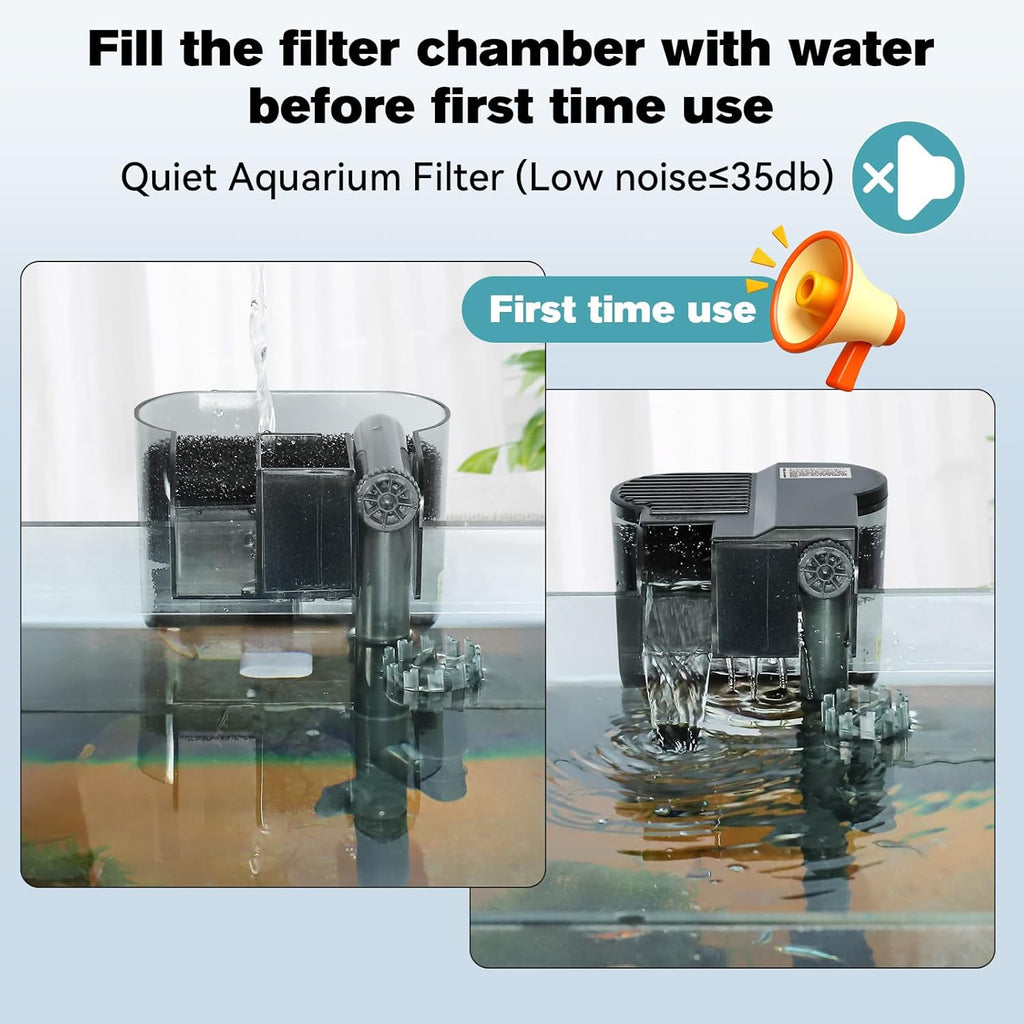 hygger Hang On Back Aquarium Filter, Small Fish Tank Filter Waterfall Filtration System, Adjustable Water Flow with Surface Skimmer, Replaceable Sponge Quiet Hanging Filter for Tank 5~10 Gal
