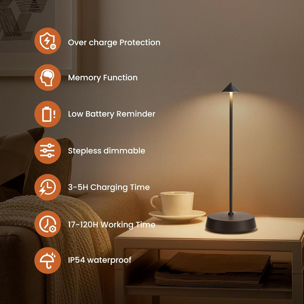 Cordless Table Lamp Rechargeable, Battery Operated 6000mAh Desk Lamp Touch Dimmable Lamp Outdoor Waterproof Portable Wireless Table Light, Small Table Lamp for Restaurant Bar/Outdoor (Black-2PC)