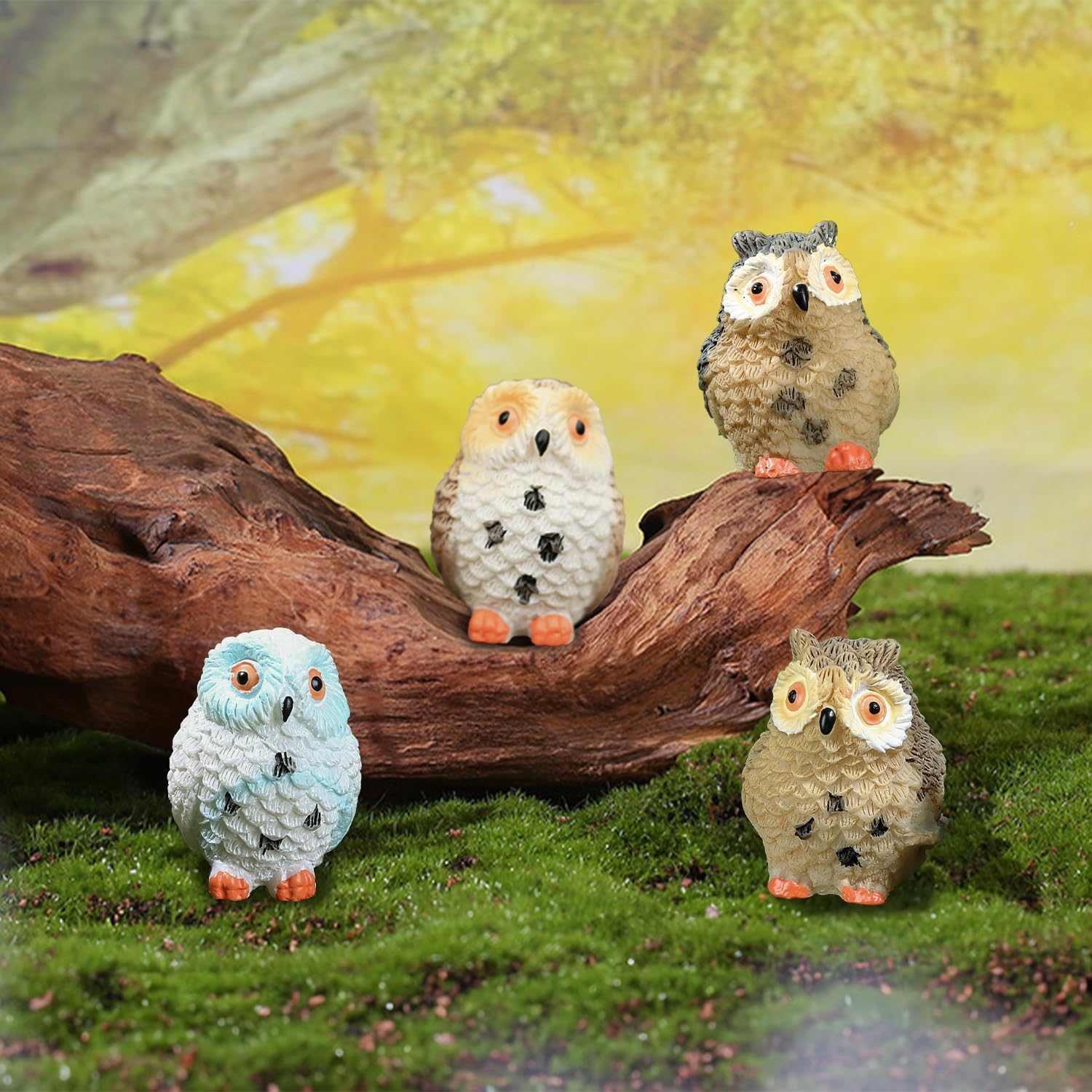 4pcs Mini Resin Owls and 1pcs Branch, Miniature Owl Figurines for Fairy Garden Accessories, Plant Pot, Bonsai Craft Decor, Cake Topper, DIY Home Micro Landscape Ornaments