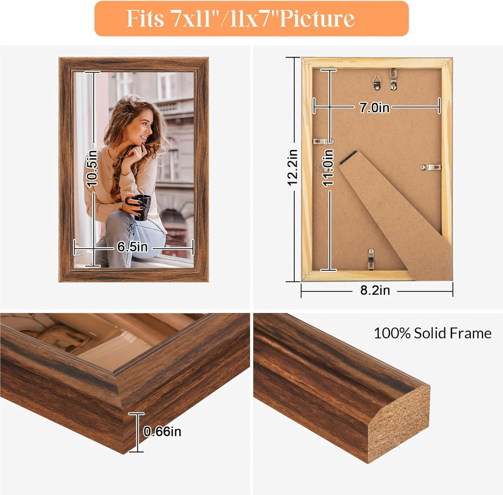 7x11 Wood Frame Brown, Natural Wooden 11x7in Picture Frames, Modern Golden 7 x 11inch Gallery Photo Pic Frame with HD Plexiglass, Horizontal Vertical Wall Mounting Tabletop Display 1Pcs