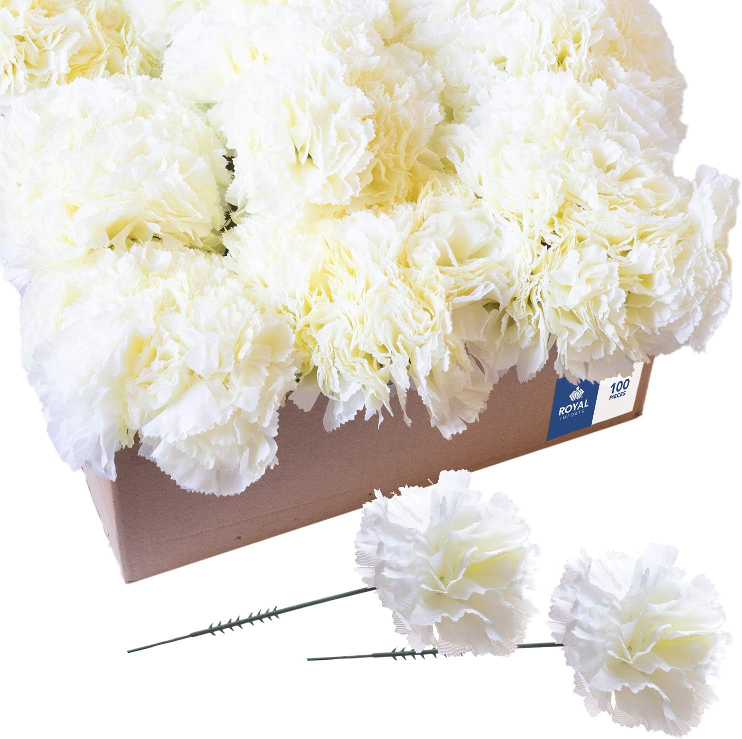 Royal Imports Artificial Carnations, Silk Faux Flowers, for Funeral Arrangements, Wedding Bouquets, Cemetery Wreaths, DIY Crafts - 100 Single 5" Stems - Ivory