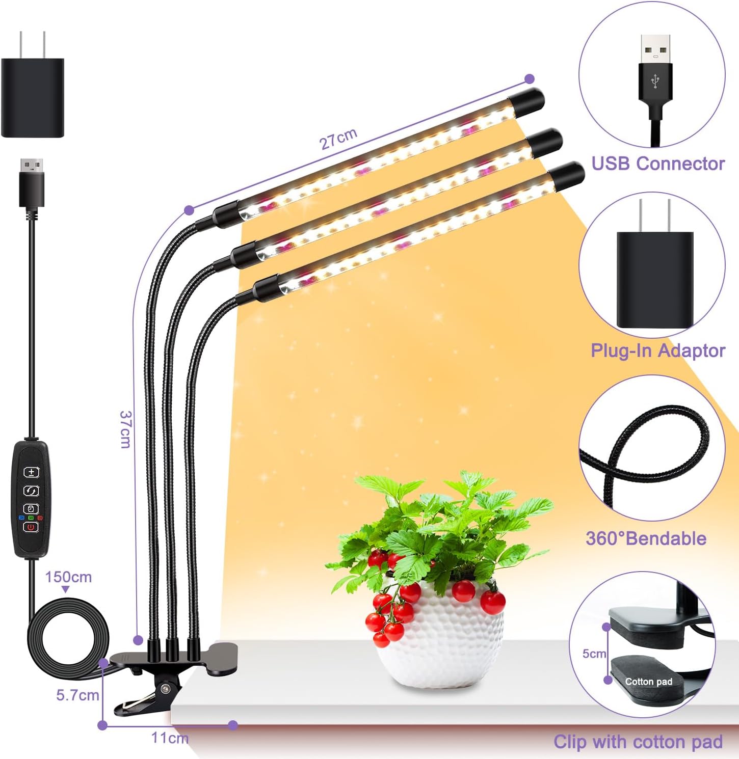 3head Plant Lights, 2Pack Grow Lights for Seed Starting, Full Spectrum Growing Lamps with Clip for Indoor Plants, Auto ON & Off Timer 3/9/12H, 3 Switch Modes, 10-Level Dimmable Brightness