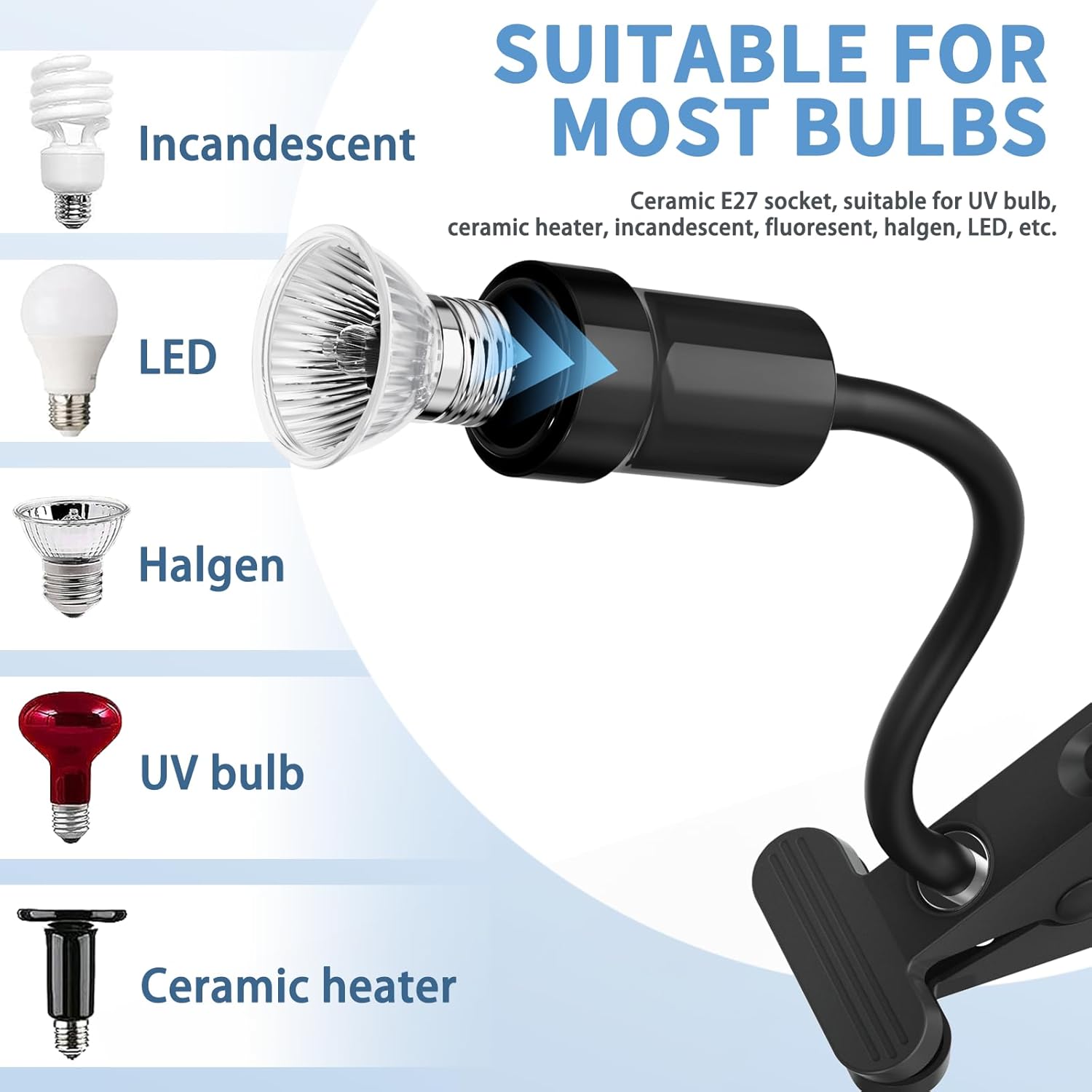 Reptile Heat Lamp, 360° Rotatable UVA/UVB Light Lamp with 2pcs Basking Bulbs (25W + 35W), Suitable for Snake, Lizard, Bearded Dragon, Reptiles, Turtle (Black)