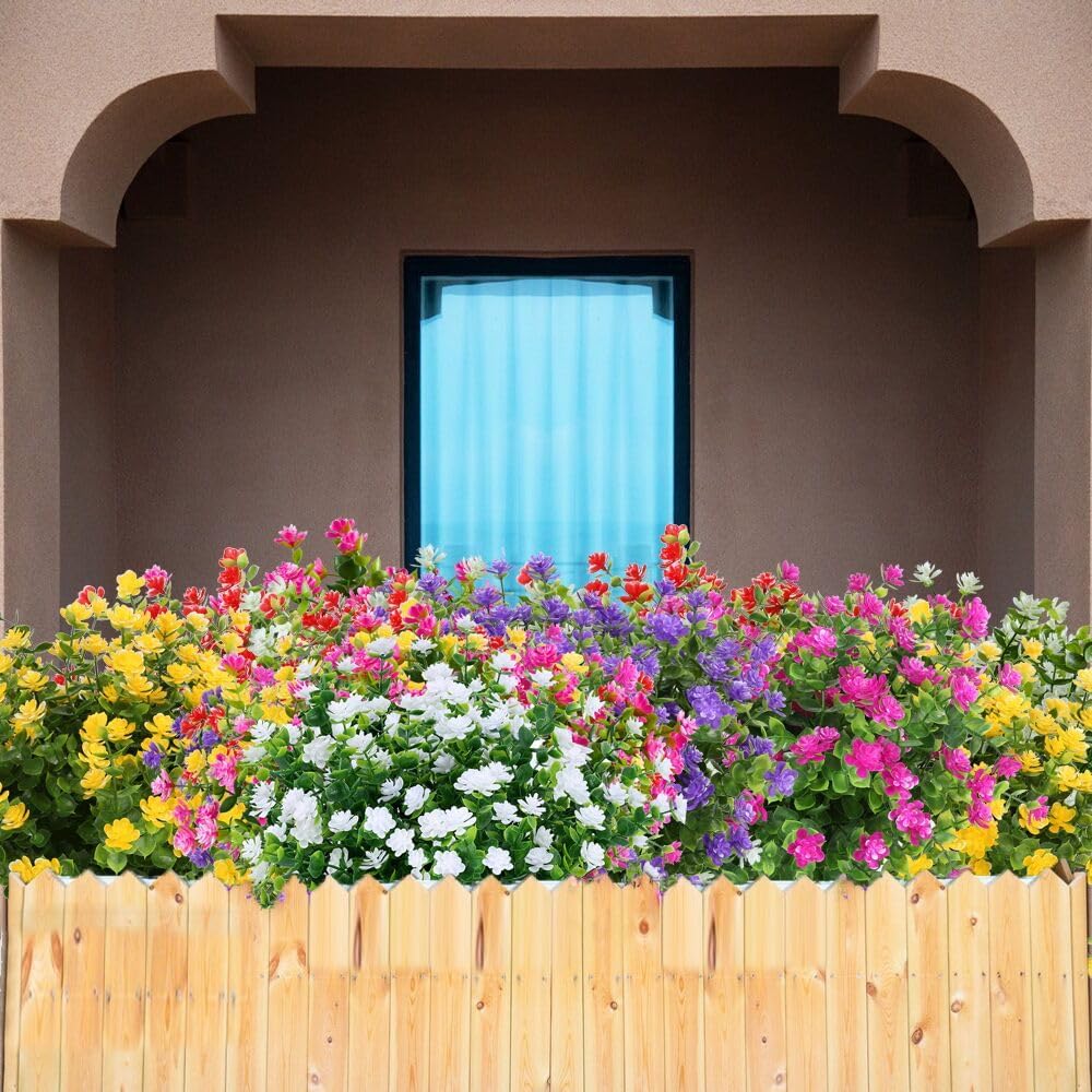 8 Bundles Artificial Flowers, Fake Artificial Greenery UV Resistant No Fade Faux Plastic Plants for Wedding Bridle Bouquet Indoor Outdoor Home Garden Kitchen Office Table Vase