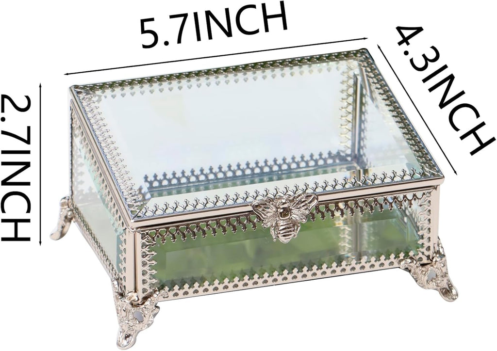 Glass Vintage Jewelry Box Keepsake storage Trinket Ring Display Box Home Decor Beveled Clear Glass Box Organizer(5.7x4.3x2.7Inches)