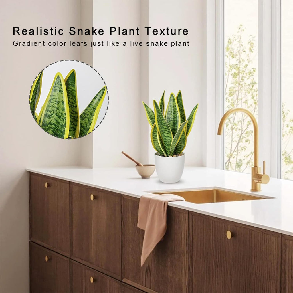 Hollyone Artificial Snake Plant Potted Faux Sansevieria Trifasciata Plants, 13" Tropical Fake Plants in White Pots for Home Office Room Indoor Decor Housewarming Gifts