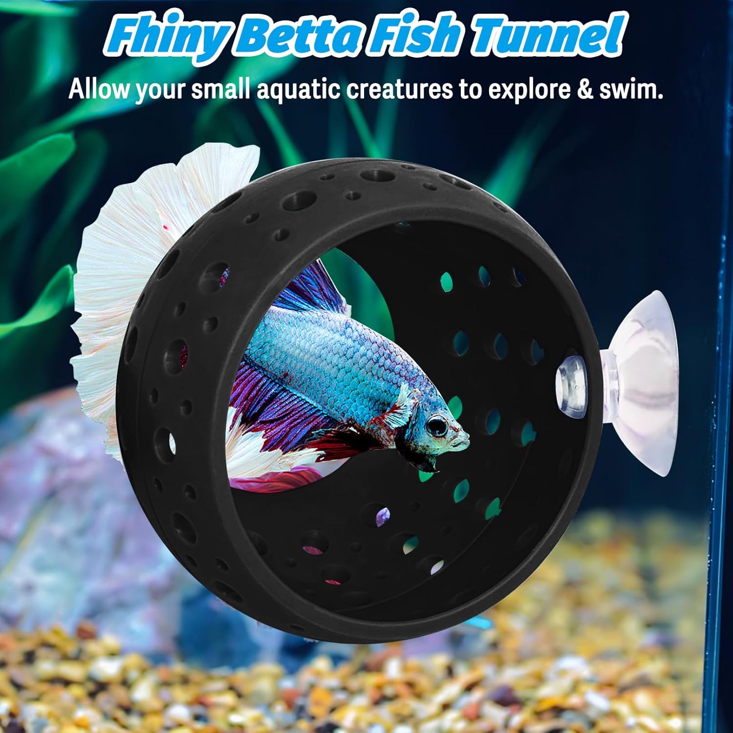 Fhiny Betta Tunnel, Aquarium Fish Hideout with Suction Cup - Shrimp Cave Aquarium Decor for Small Fish, Shrimp, Guppy Hiding & Resting (Black)