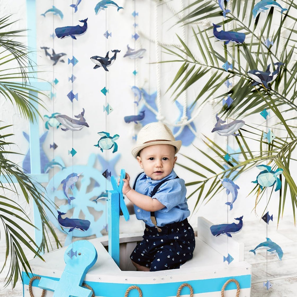 Cheerland Under The Sea Party Decorations Sea Creature Garland Hanging Geometric Nautical Whale Turtle Orca Garland Ocean Party Supplies Marine Life Decor for Baby Shower Birthday Aquarium Classroom