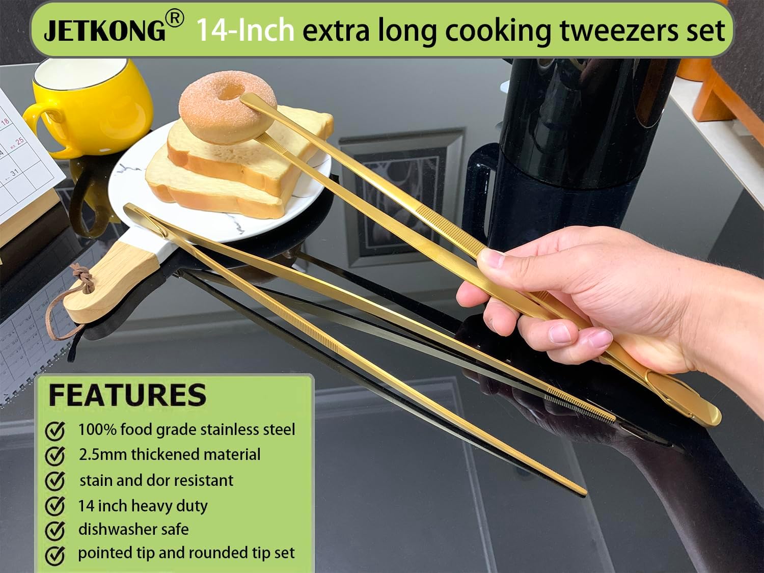 JETKONG 2 Pcs 14-Inch Cooking Tweezers Extra Long Stainless Steel Food Tweezers Kitchen Tweezer Tongs (Gold)