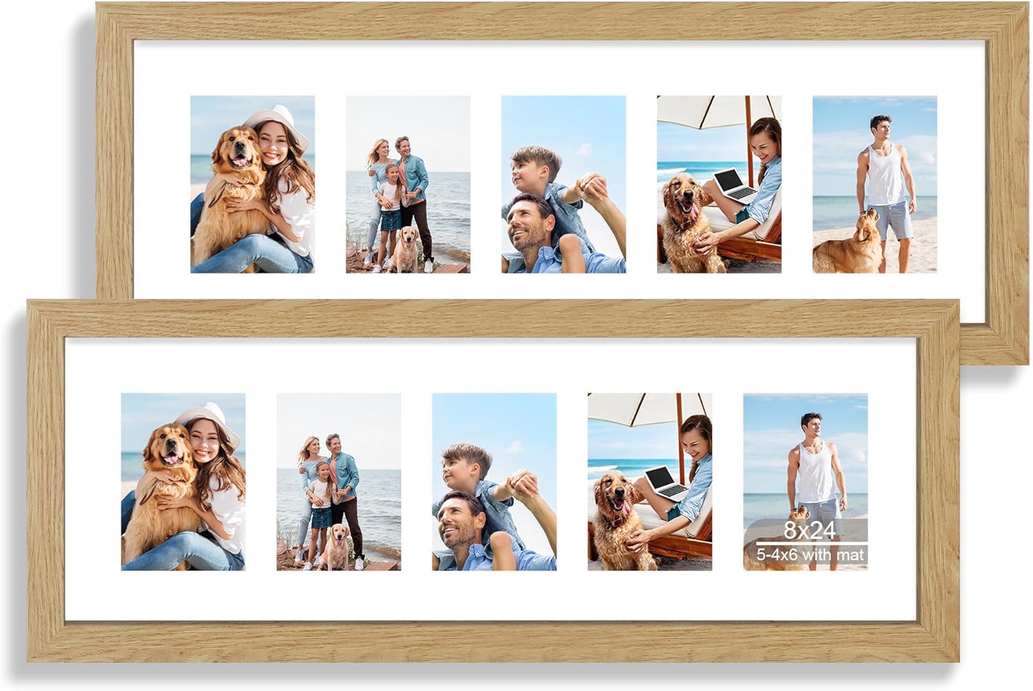 8x24 Picture Frame 2 Pack, Natural Oak Wood Frame with Tempered Glass, Display Pictures Multiple Five 4x6 With Mat or 8 x 24 Without Mat - Horizontal or Vertical Wall Mounting