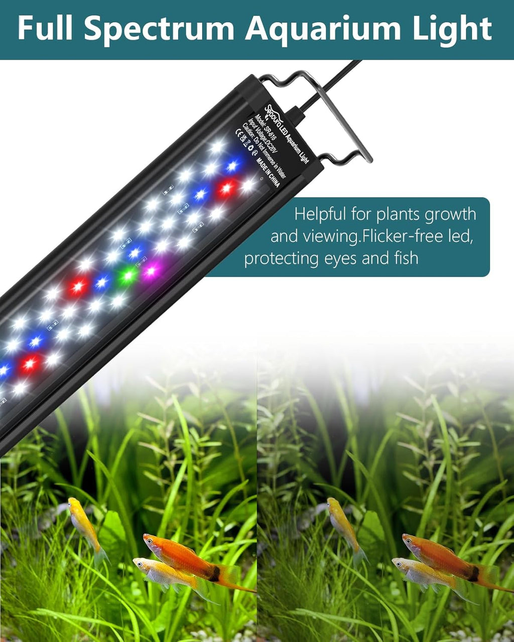 SEAOURA Led Aquarium Light for Plants-Full Spectrum Fish Tank Light with Timer Auto On/Off, 48-54 Inch, Adjustable Brightness, White Blue Red Green Pink LEDs with Extendable Brackets for Freshwater