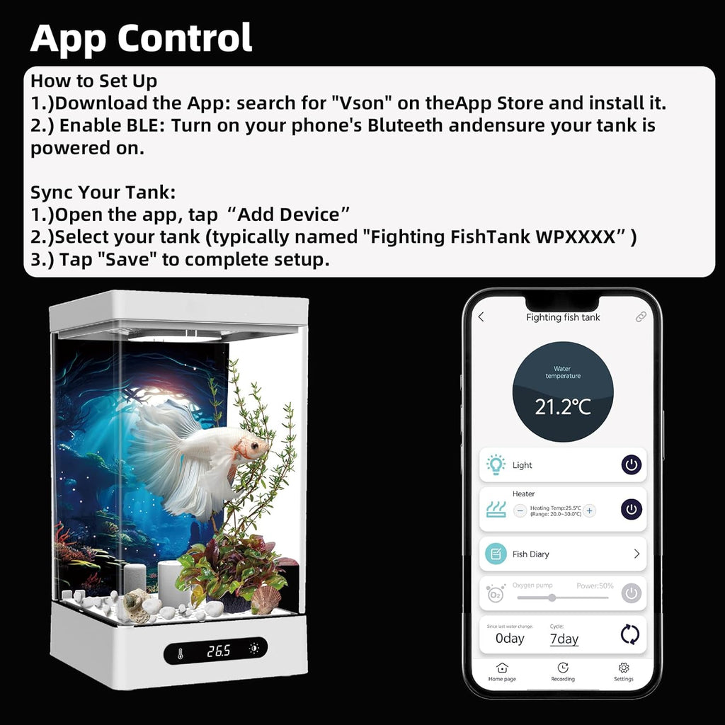 Small Shrimp Tank, 0.42 Gal Mini Fish Tank, Smart Automatic Heating, Easy Water Change Valve, and Energy-Efficient LED Lighting - Perfect for Office, Home, and Bedrooms, Single Betta Fish Only