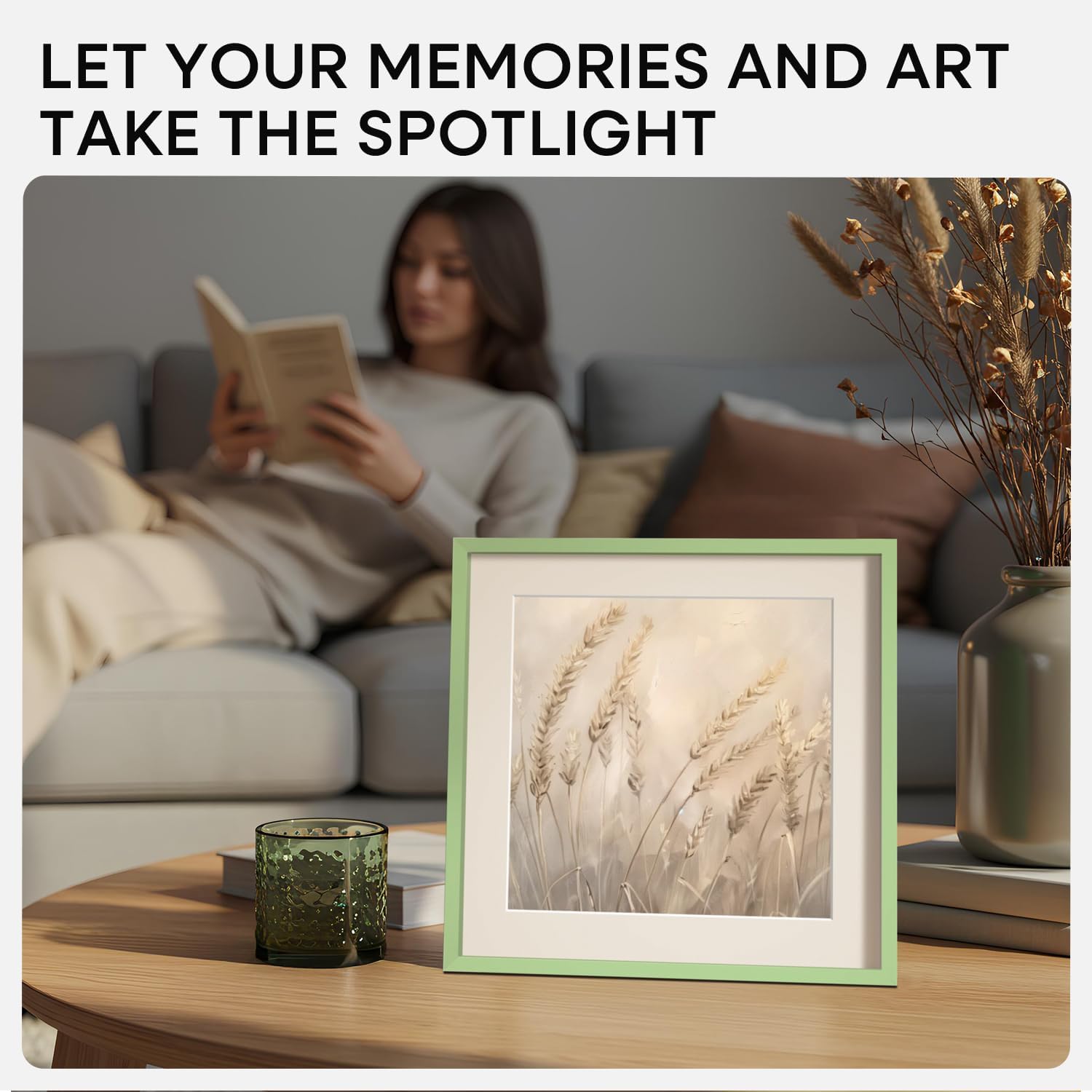 Homeforia 8x8 Sage Green Frame, High End Metal 8 x 8 Square Picture Frames with Mat 6 by 6 Photo, 8x8 Display Frame Matted to 6x6 Print, 8by8 Wall or Tabletop Frames, Tempered Glass, Wall Kit, Set of 1