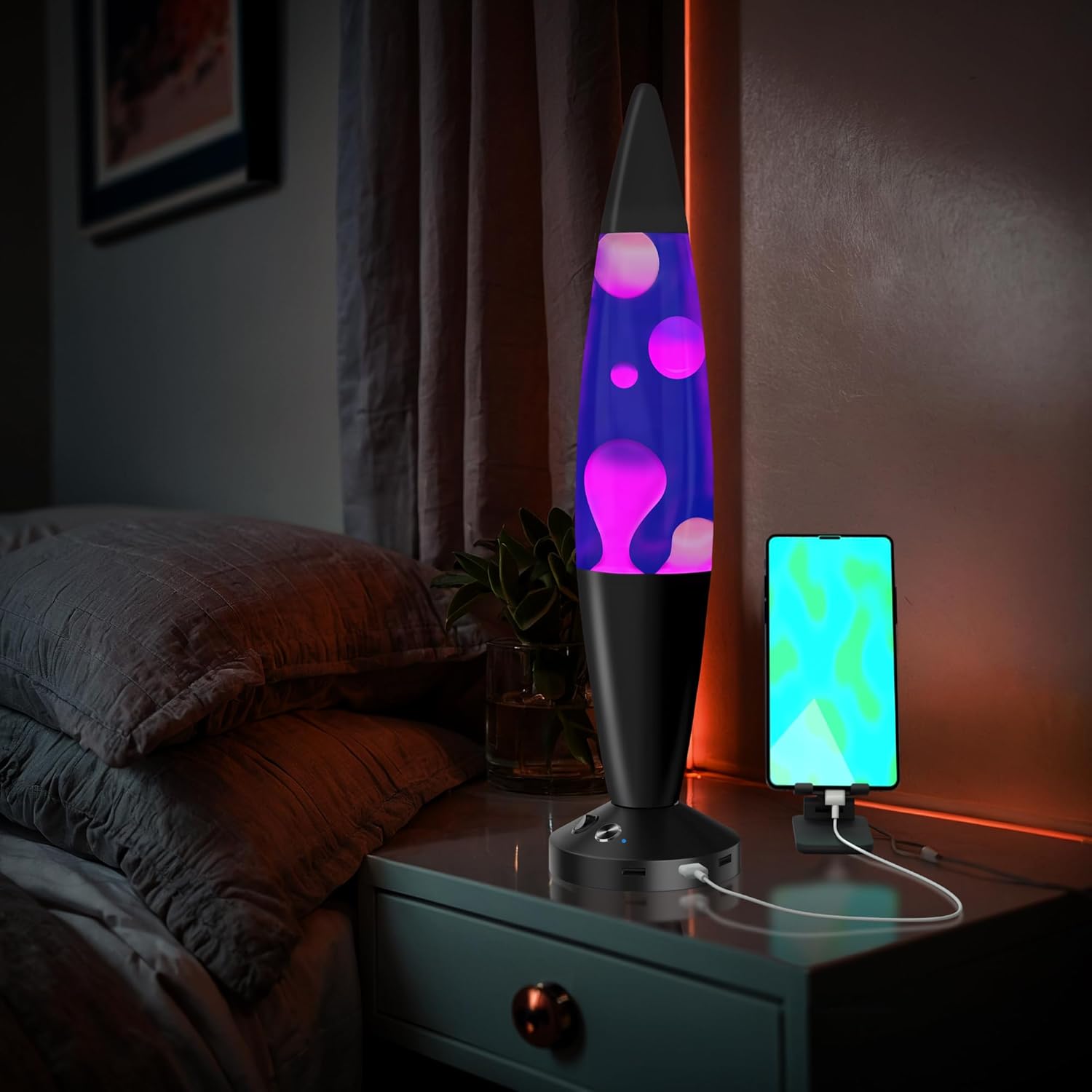 JAMBO 16-Inch Beautiful Lamp with Wax, Relaxing Night Light Home Decor, Extra Tall, Living Room Office Bedroom Lamp for Adults, Teens, Kids (USB, Auto Shut Off, Black Base, Purple Liquid, White Wax)