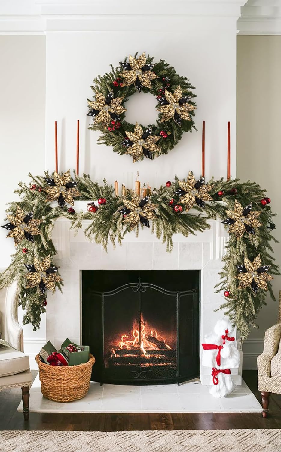 Hollyone 3PCS Poinsettia Christmas Flowers Artificial 11" Large Black and Gold Glitter Poinsettia Flower Christmas Tree Ornaments Floral Picks for Tree Wreath Garland Vase Table Centerpiece Home Decor