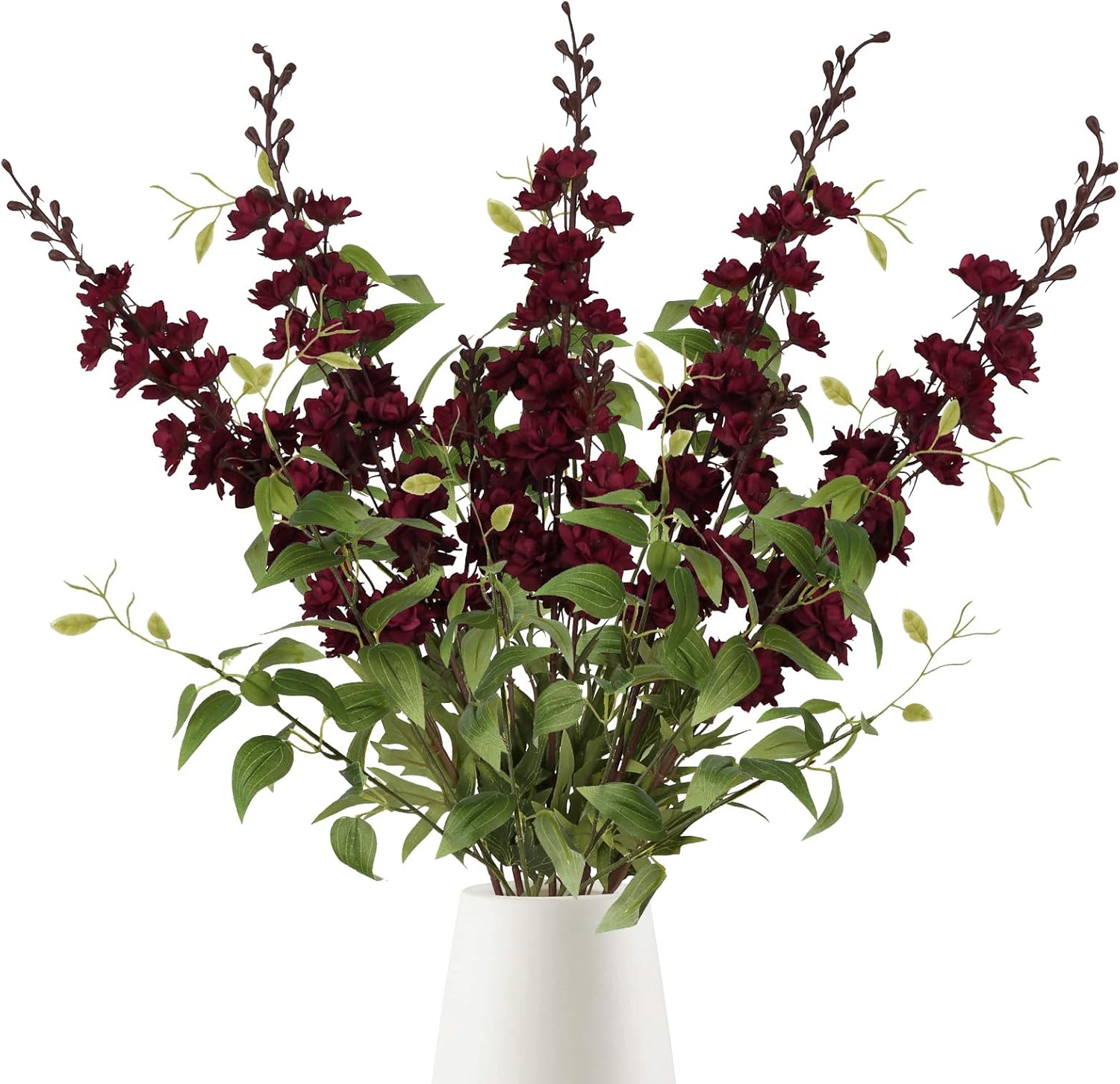 IPOPU Dark Red Flowers Artificial Delphinium 9PCS Burgundy Larkspur Artificial Flowers with Clematis Greenery Burgundy Silk Flowers for Wedding Centerpieces for Home Table Decor (Dark Red)