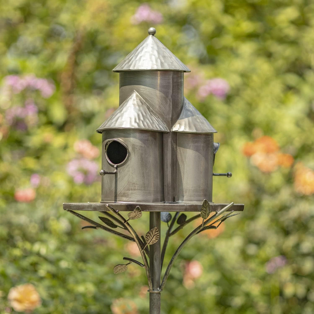 Zaer Ltd. Large Silver Colored Multi-Birdhouse Stakes, Room for 4 Bird Families in Each (Plump Triple Cylinder Homes (Silver Color))