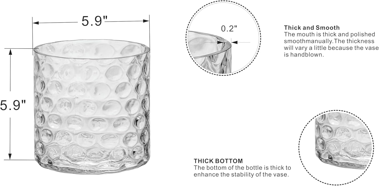 6" Wide 6" High Decorative Glass Cylinder Vase with Dimpled Circle Pattern, 8 Inch Tall, Clear (1, 6"x6")