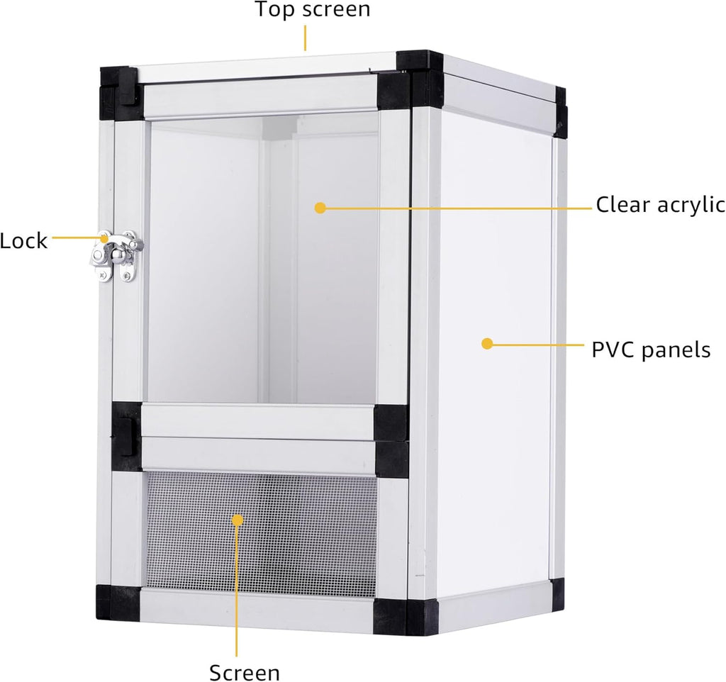 Jumping Spider Enclosure, Small Reptile Cage Hatching Habitat, Toxirium 8" x 8" x 12" Screen & Acrylic Doors, Ventilated Terrarium for Lizards, Snakes, Frogs, Easy Assembly, Two Doors