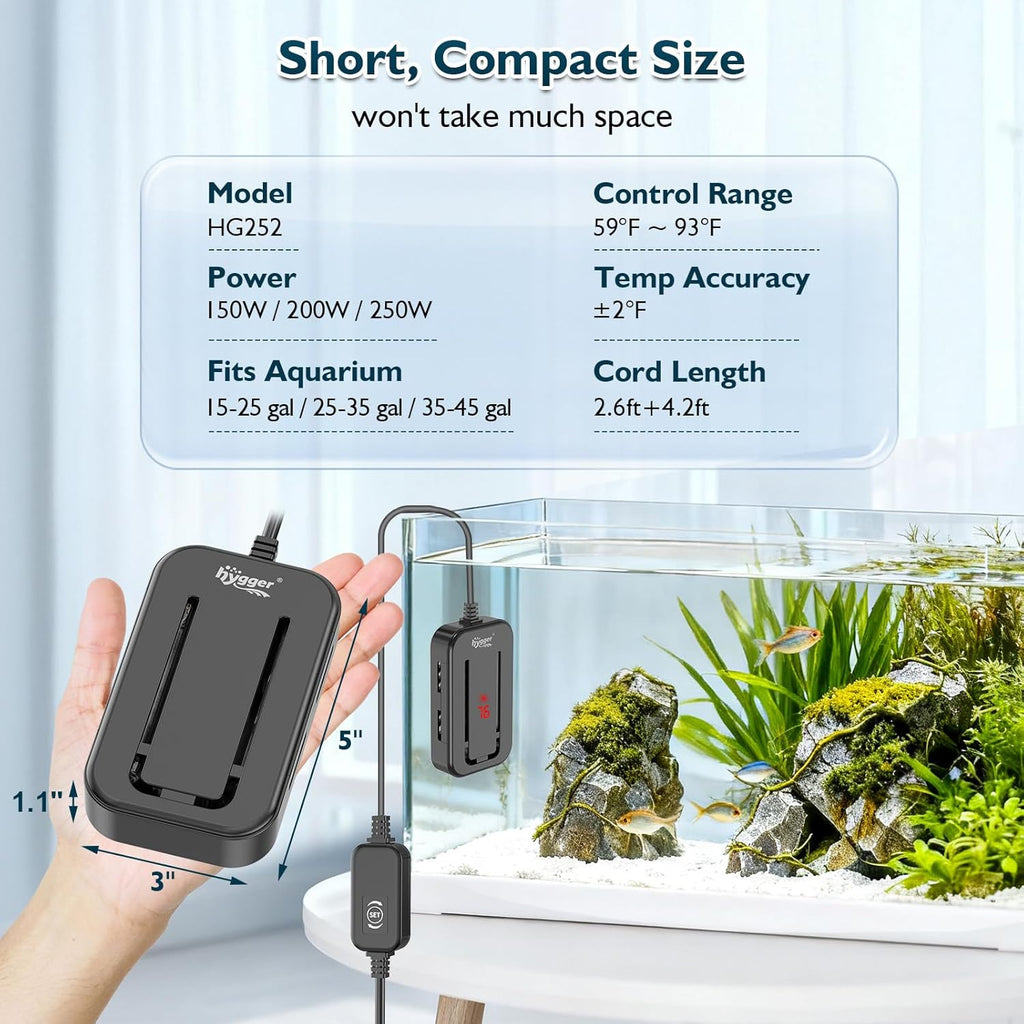 hygger 25-35 Gallon Short Fish Tank Heater, 150W 200W 250W Adjustable Submersible Aquarium Heater with Digital Display Controller, Run Dry & Overheating Protection