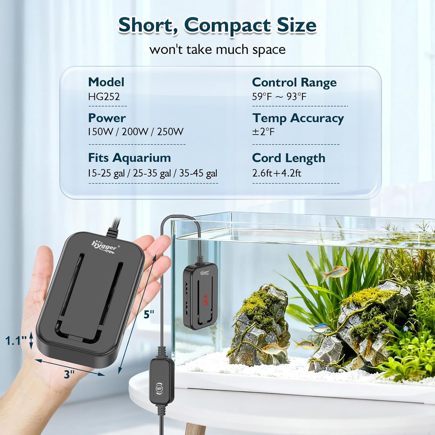 hygger 25-35 Gallon Short Fish Tank Heater, 150W 200W 250W Adjustable Submersible Aquarium Heater with Digital Display Controller, Run Dry & Overheating Protection