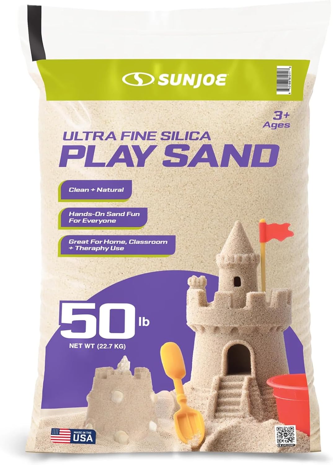 Sun Joe Silica Play Sand for Sandbox, Sensory Table & Garden Spaces, Ultra Fine, 50 Lbs - Natural Craft Accessory for Molding, Digging & Sculpting - Ideal for Indoor and Outdoor Use