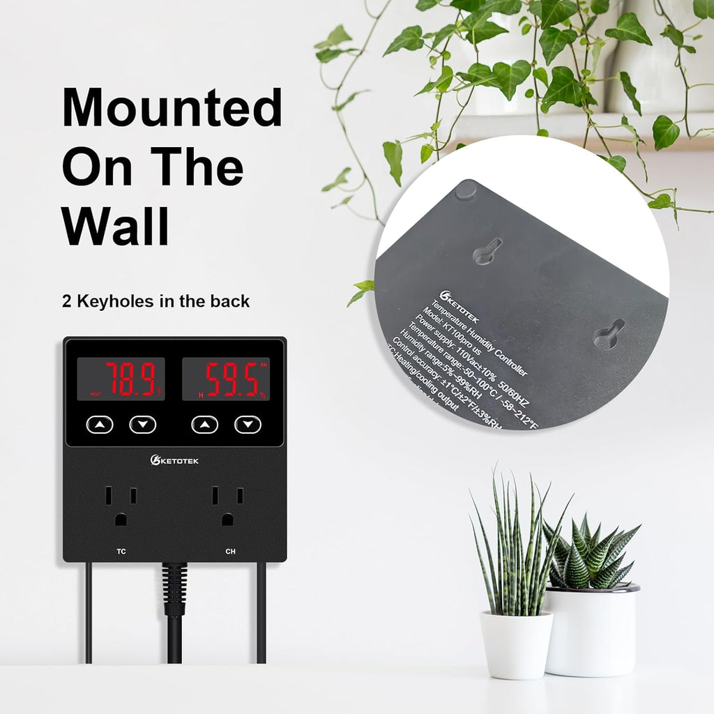 KETOTEK Digital Temperature and Humidity Controller Outlet, Reptile Thermostat Plug Dual Stage Pre-Wired for Mushroom Greenhouse Homebrew