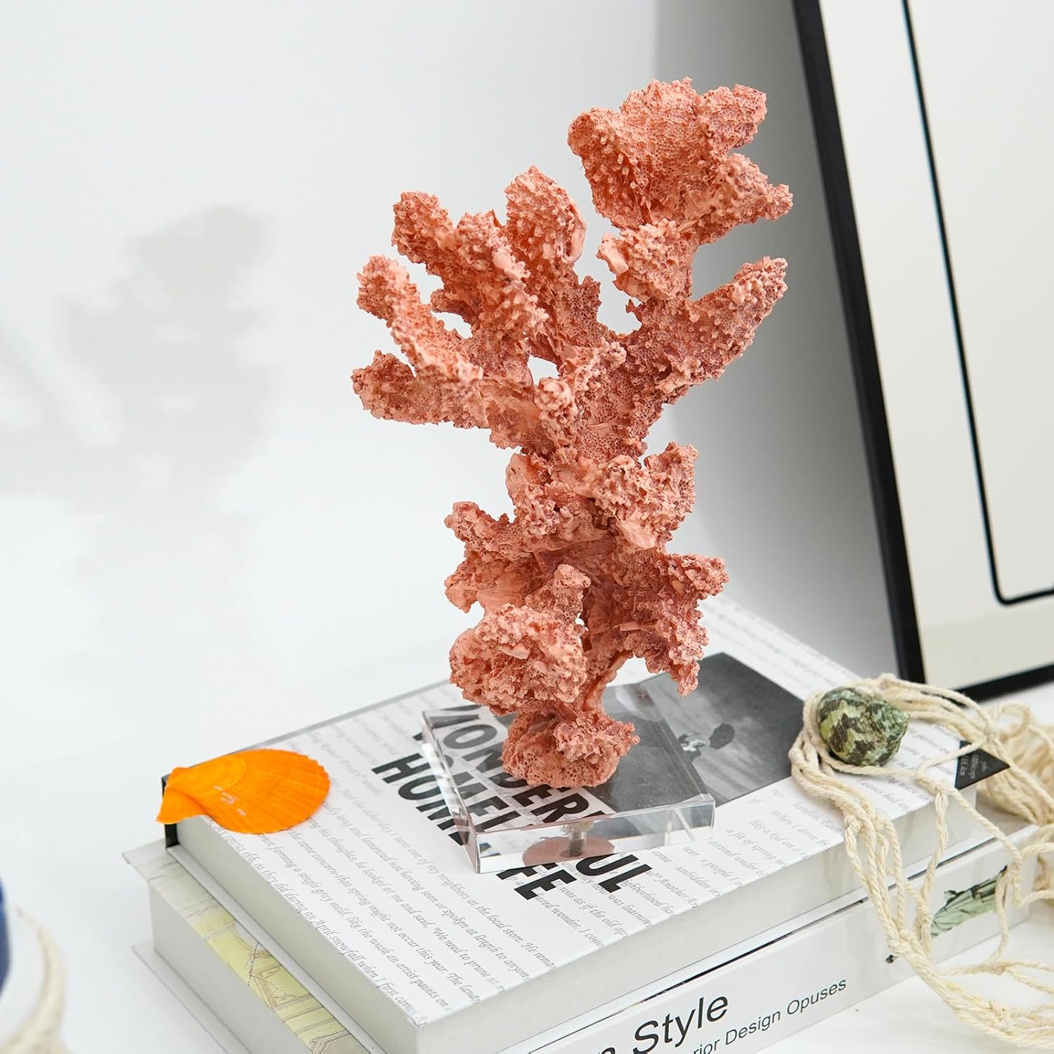 Coral Beach Decor, Artificial Resin Coral Reef Statue, Coastal Room Decor Beach Decorations for Home Bathroom Bedroom,Ocean Themed Decor for Office,Aquarium,5.2''Lx9.5''H, RB1002P, Pink