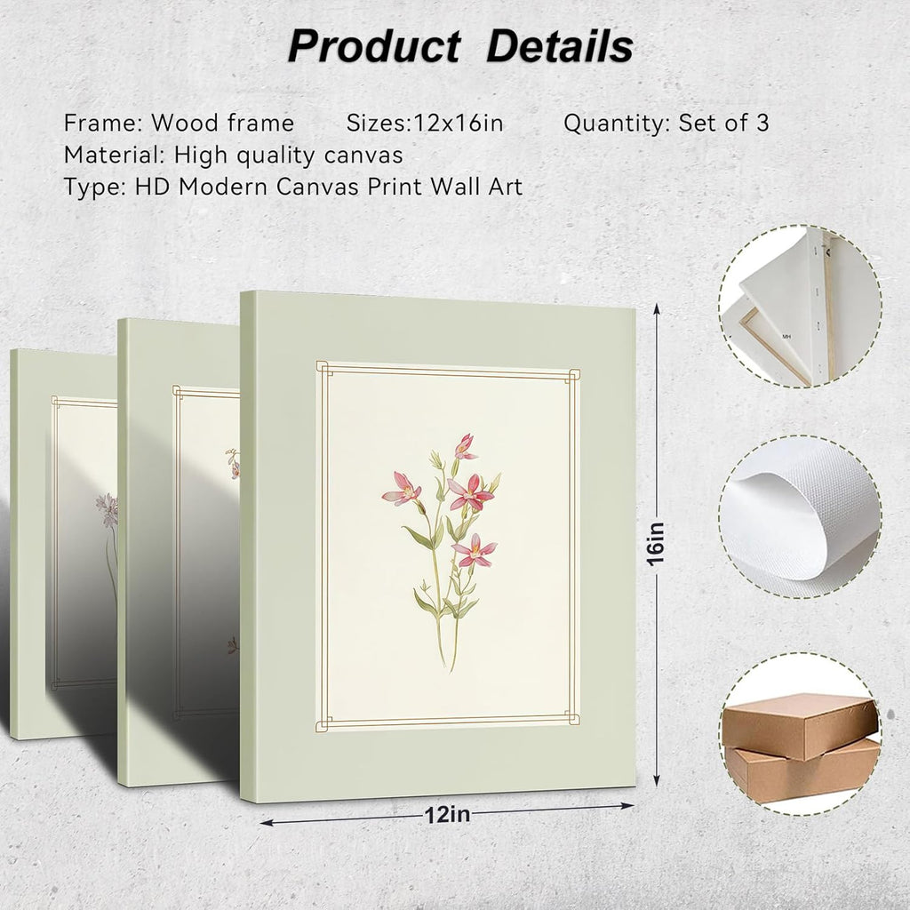 3pcs Framed Simple Vintage Floral Botanical Flower Wall Art Decor Canvas Print Natural Plant Artwork Wall Painting Poster Gallery Bedroom Living Room Office Decor 12x16 Inch Ready to Hang