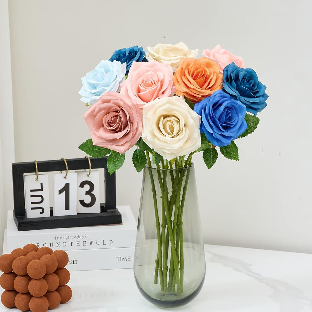 Artificial Rose 10pcs Orange Open Flower Bouquet Faux Rose Stems for Wedding Arrangement, Bridal Bouquet, Centerpiece, Fake Faux Silk Flowers