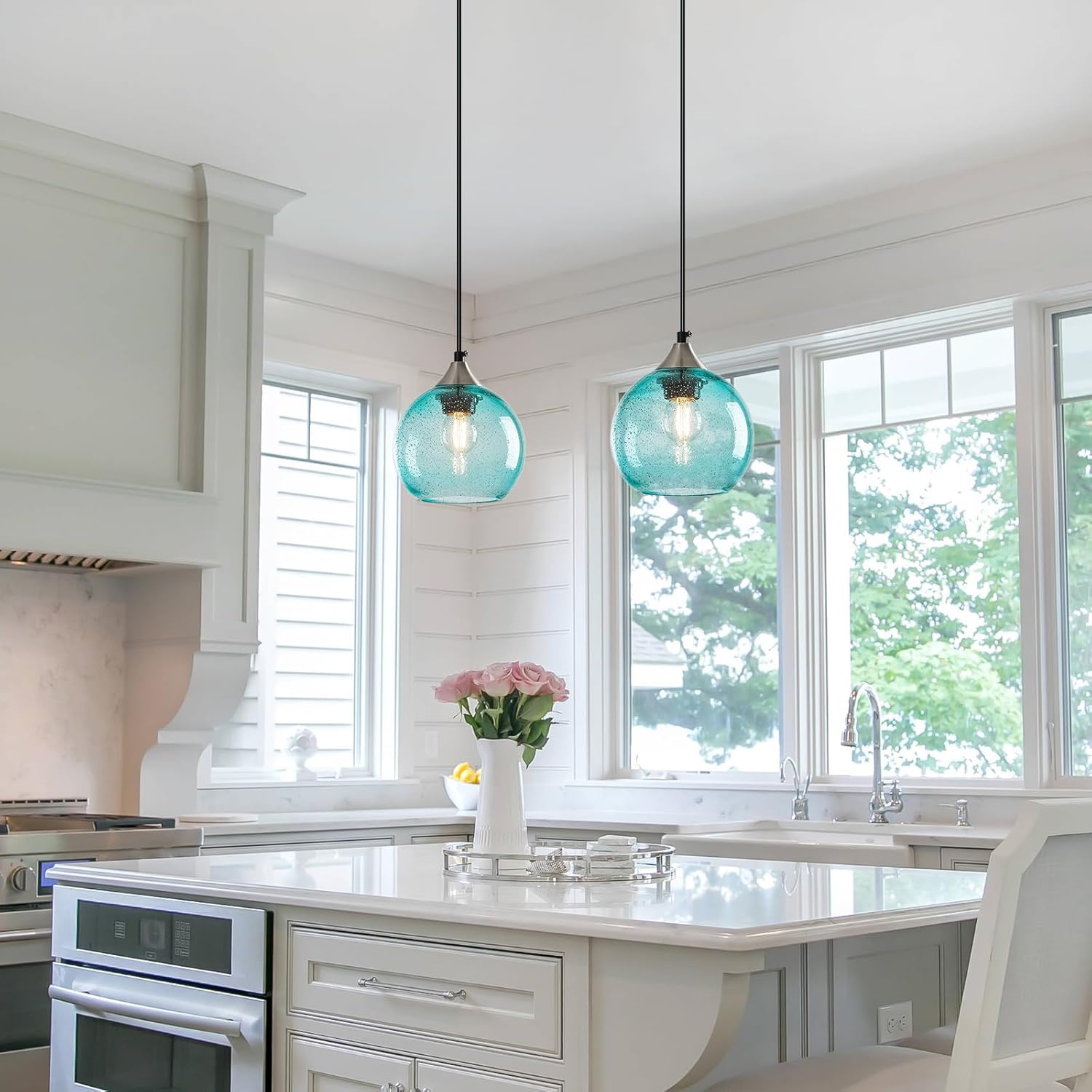 Light Blue Glass Pendant Lights Kitchen Island Globe Pendant Light Fixtures Modern Pendant Lighting for Bedroom Living Dining Room Light Fixture (5.9 in, 3 Pack)