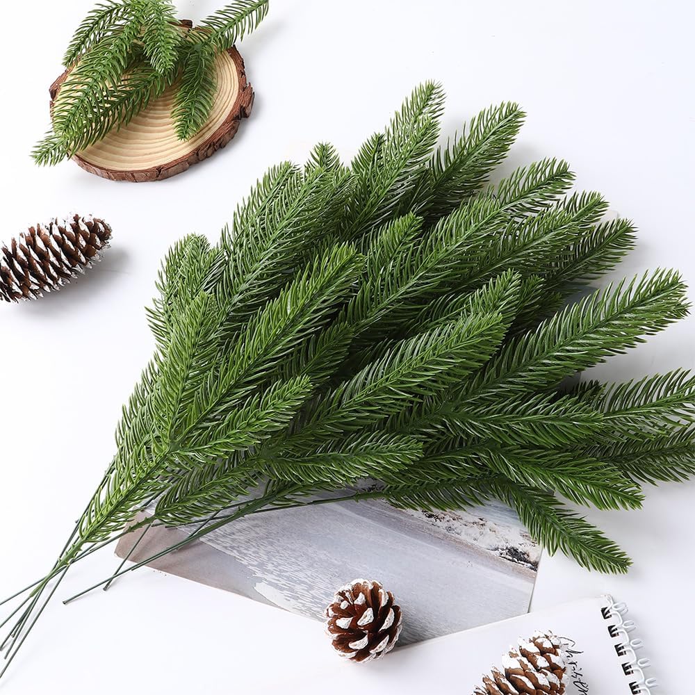 50 PCS Artificial Pine Branches Christmas Faux Pine Greenery Stems Fake Cedar Pine Needles Picks for Christmas Tree Wreath Garland DIY Crafts Holiday Home Decoration