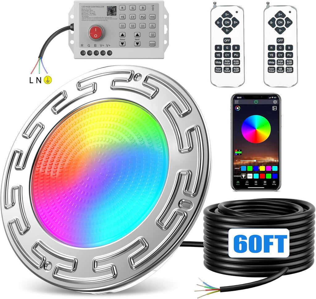 60FT 6Inch Pool/Spa Lights for Inground Pool, 20W LED Inground Pool Light with APP, Remote and Controller Control, Color Changing Underwater Swimming Pool Lights for Wet Niche