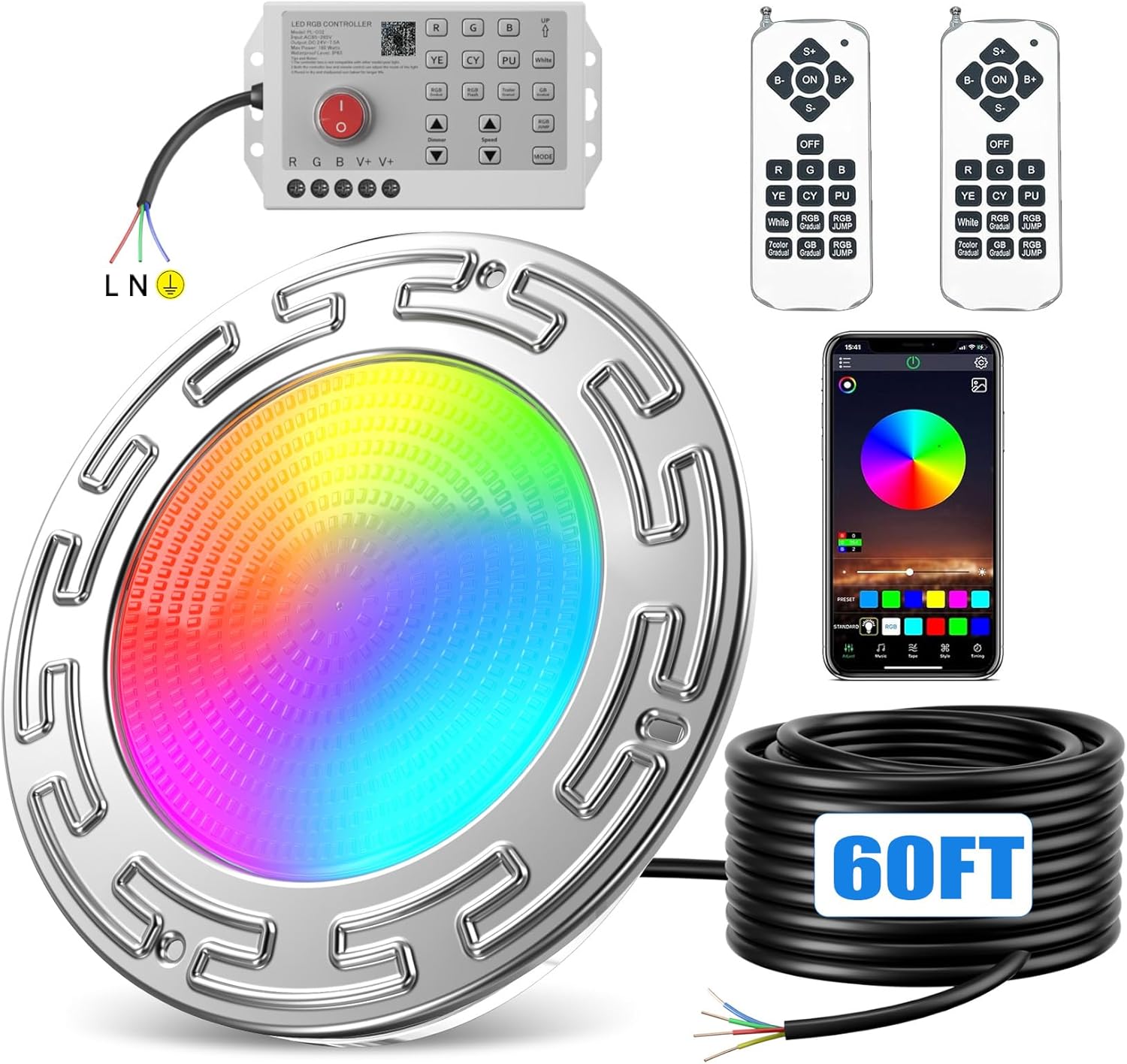 60FT 6Inch Pool/Spa Lights for Inground Pool, 20W LED Inground Pool Light with APP, Remote and Controller Control, Color Changing Underwater Swimming Pool Lights for Wet Niche