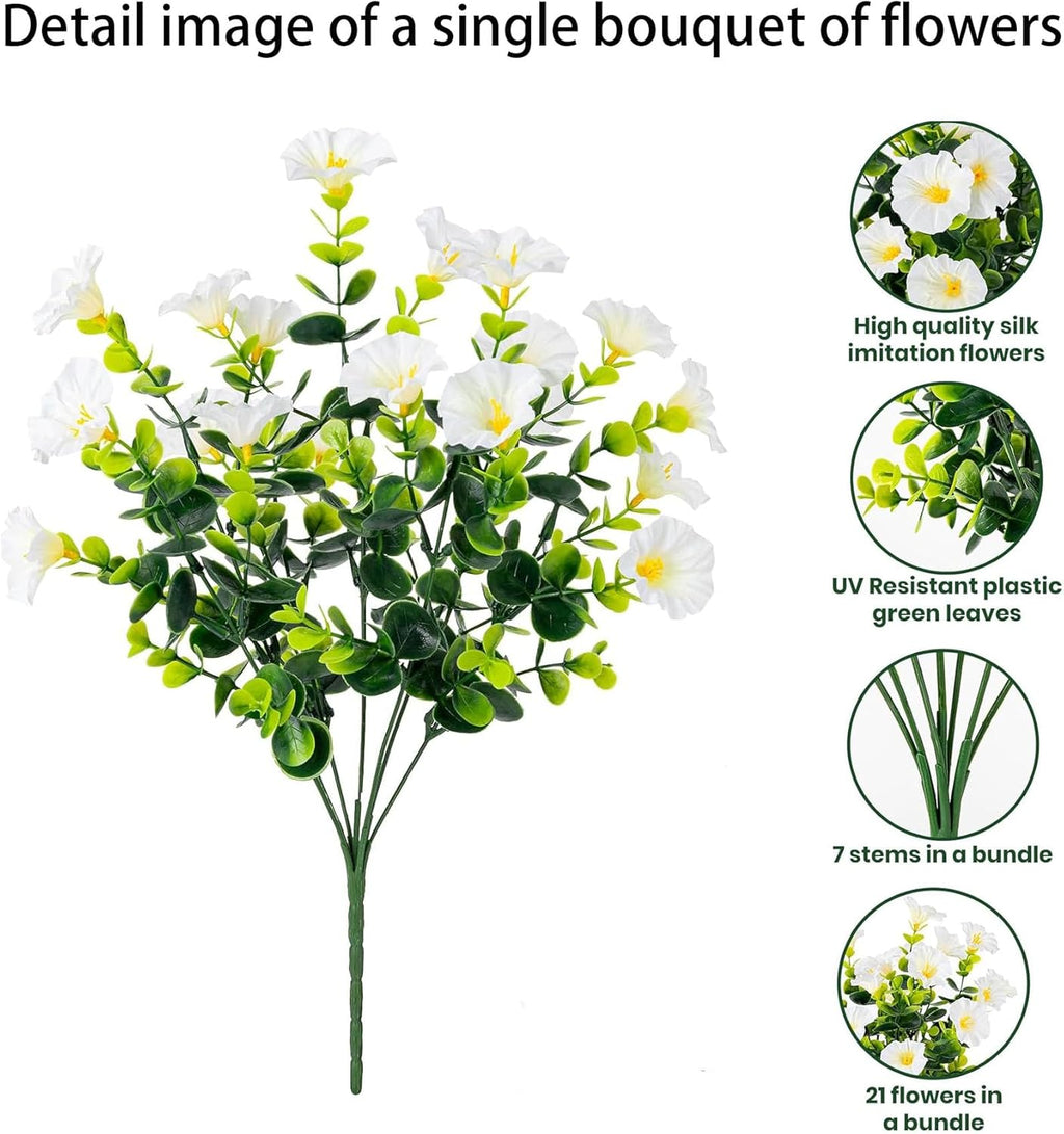 Artificial Outdoor Flowers 16 Bundles Fake Morning Glory Flower Outdoor UV Resistant Plastic Faux Flowers Plants for Decoration Indoor Outdoor Hanging Window Box Planter Home Porch Decor (White)