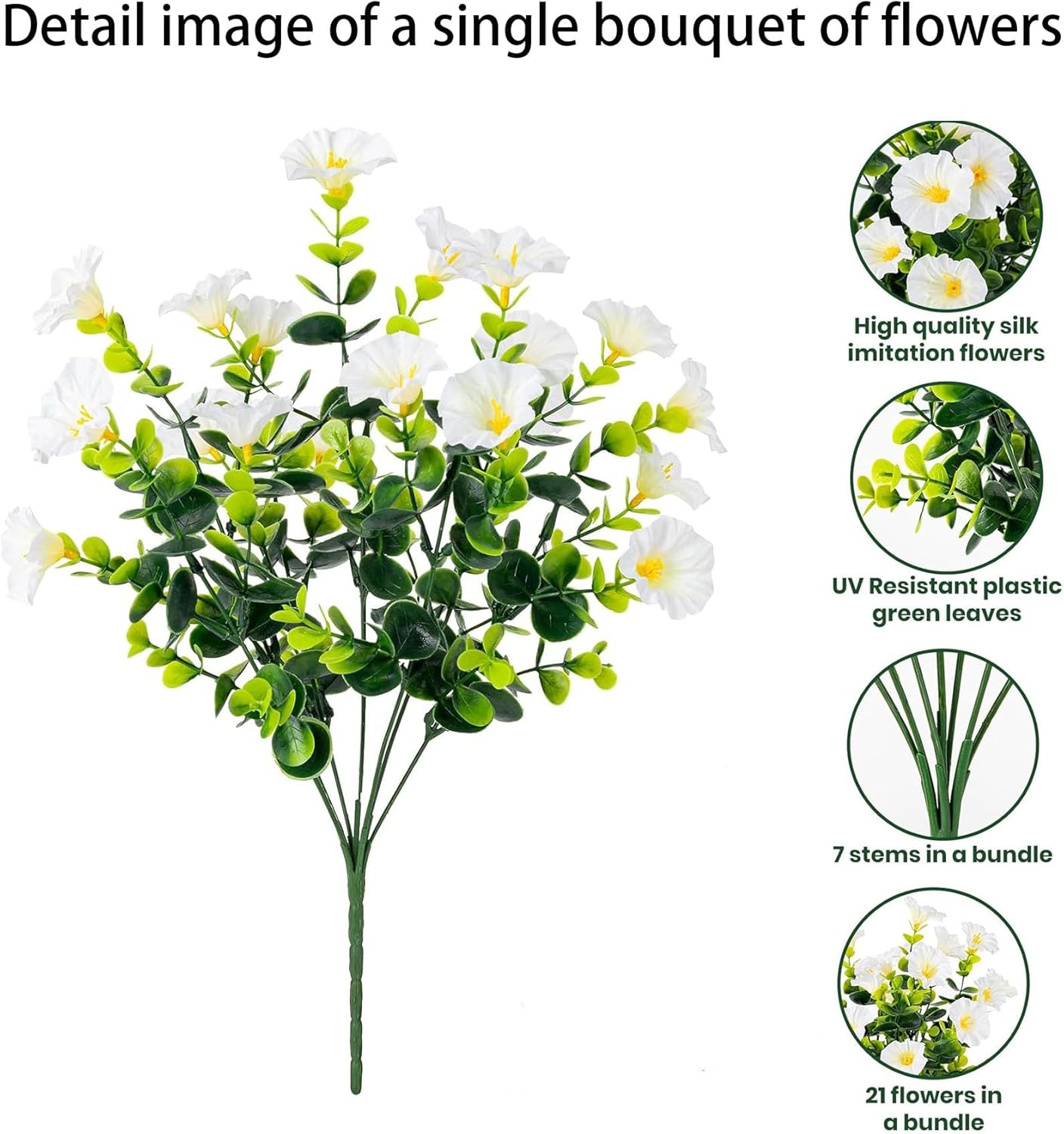 Artificial Outdoor Flowers 16 Bundles Fake Morning Glory Flower Outdoor UV Resistant Plastic Faux Flowers Plants for Decoration Indoor Outdoor Hanging Window Box Planter Home Porch Decor (White)