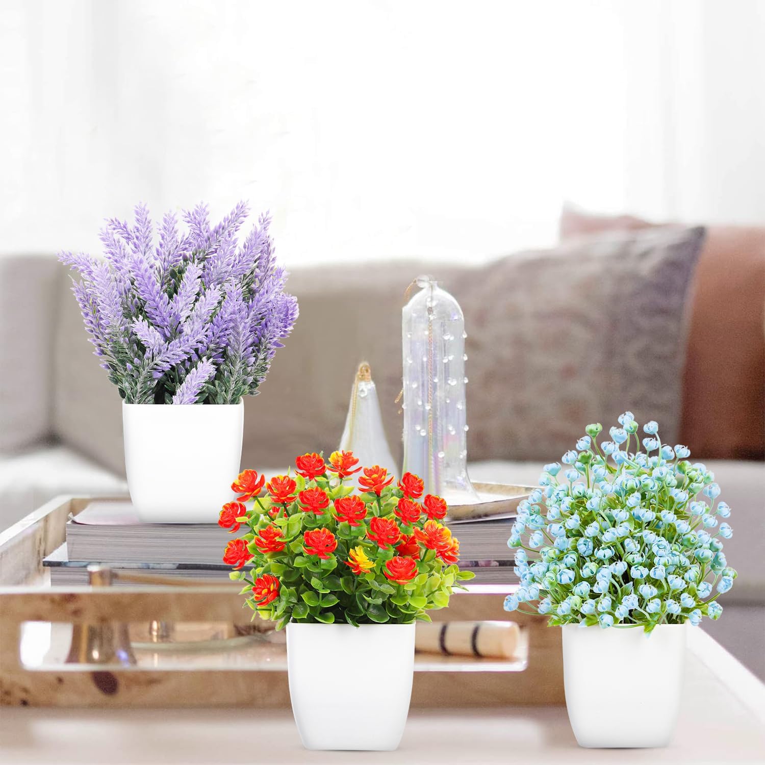 LELEE Artificial Plants Mini Fake Potted Plants, 8 pcs Small Eucalyptus Potted Faux Decorative Grass Plant with Flower for Home Decor, Indoor, Office, Desk, Shelf, Table Decoration