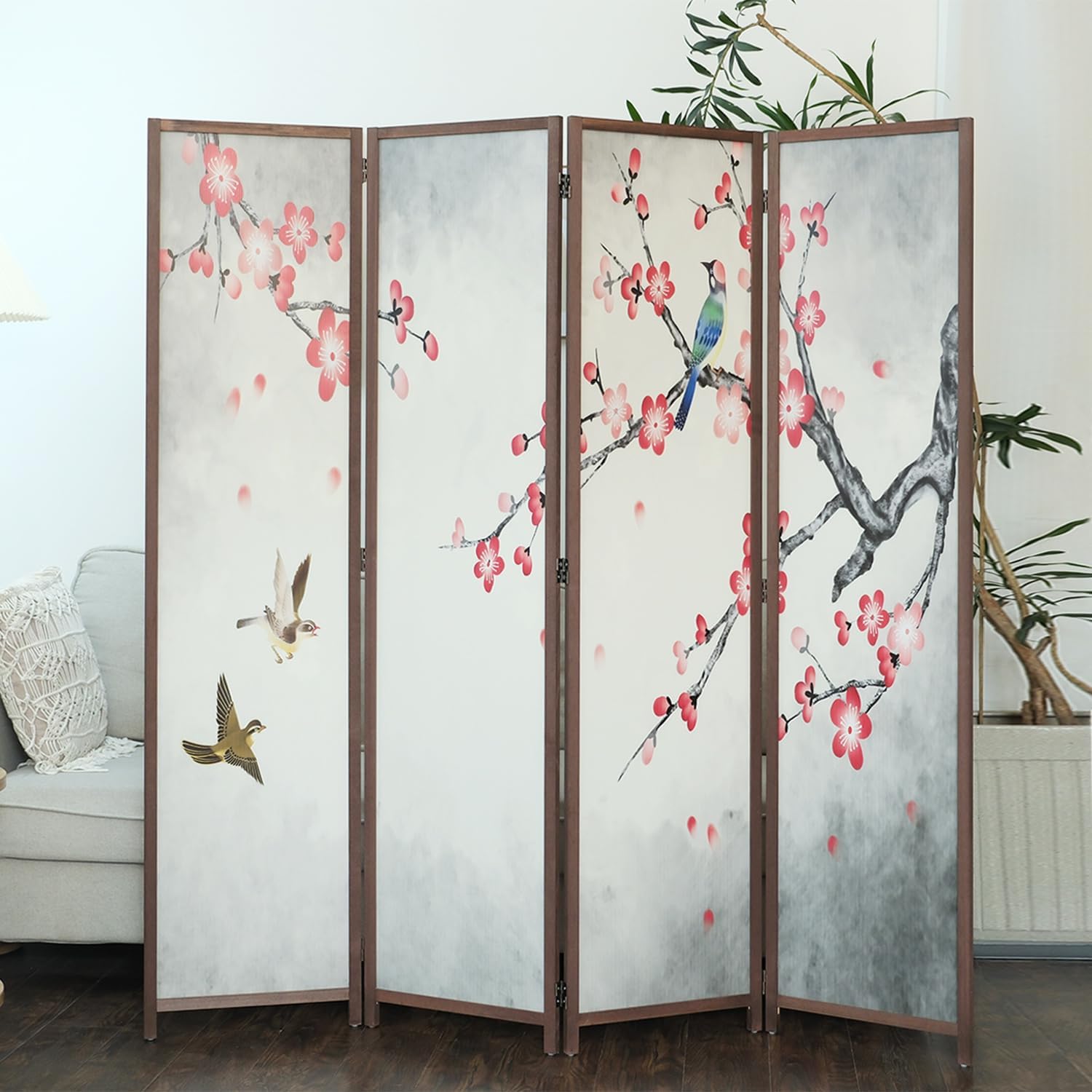 4 Panel Room Divider Screen,Double Faced Blackout Panel Divider Folding Panel Screen Divider for Room Separation,Magnolia and Plums,67" H x 63" W