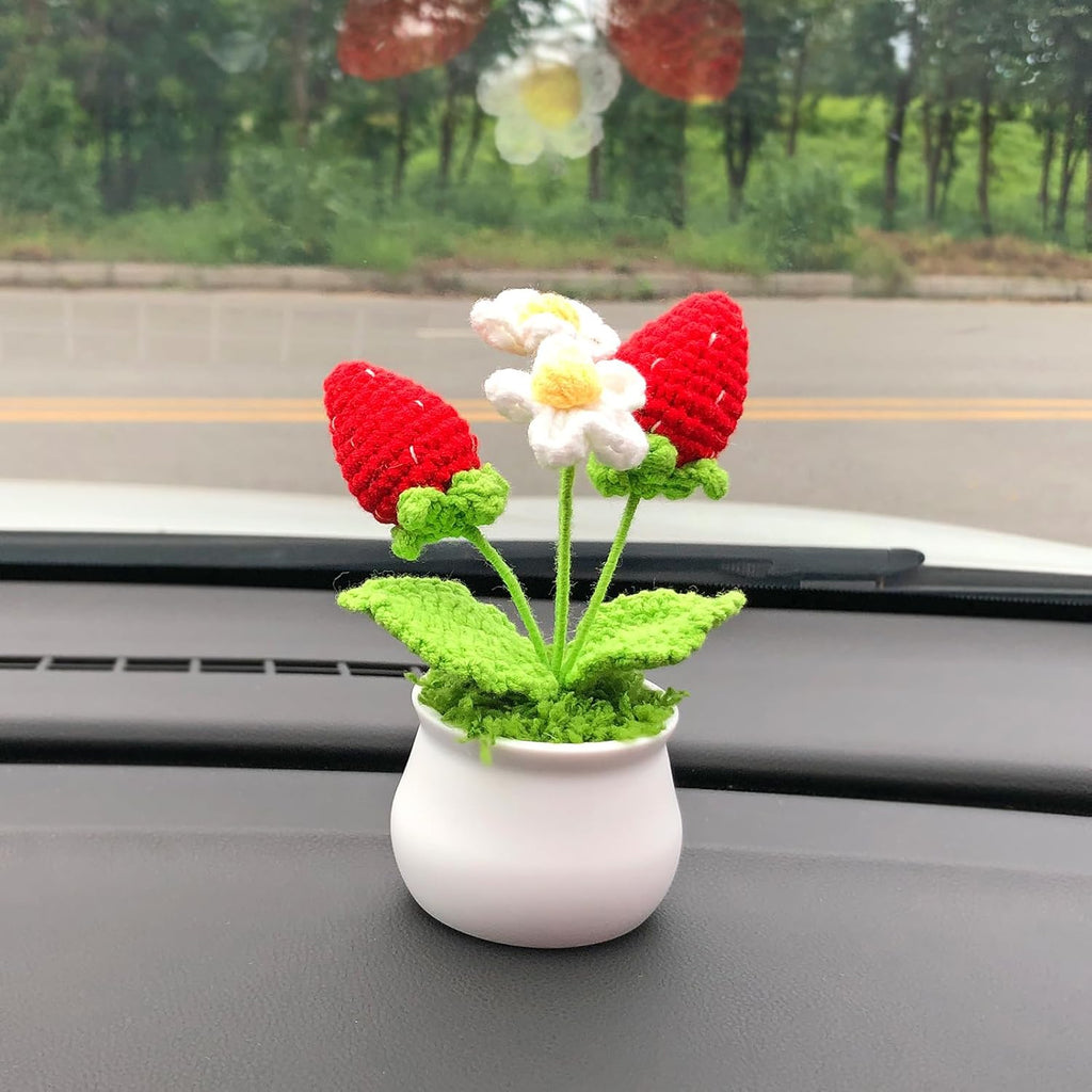 Crochet Flowers Cute Little Potted Flower, Gift for Birthday, Teacher’s Day, Graduation, Anniversary, Christmas, Decor for Car Dashboard,Home Office Decoration (Strawberry)