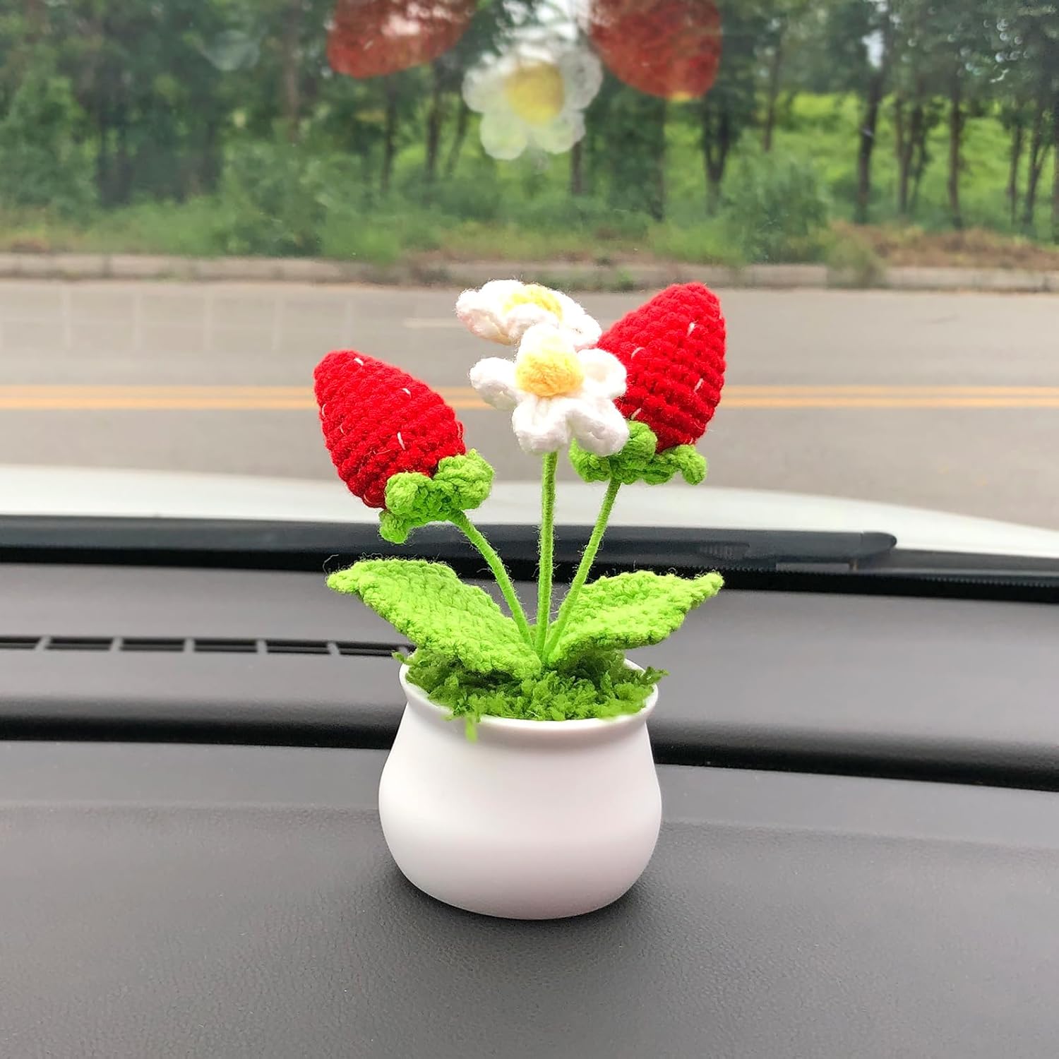 Crochet Flowers Cute Little Potted Flower, Gift for Birthday, Teacher’s Day, Graduation, Anniversary, Christmas, Decor for Car Dashboard,Home Office Decoration (Strawberry)