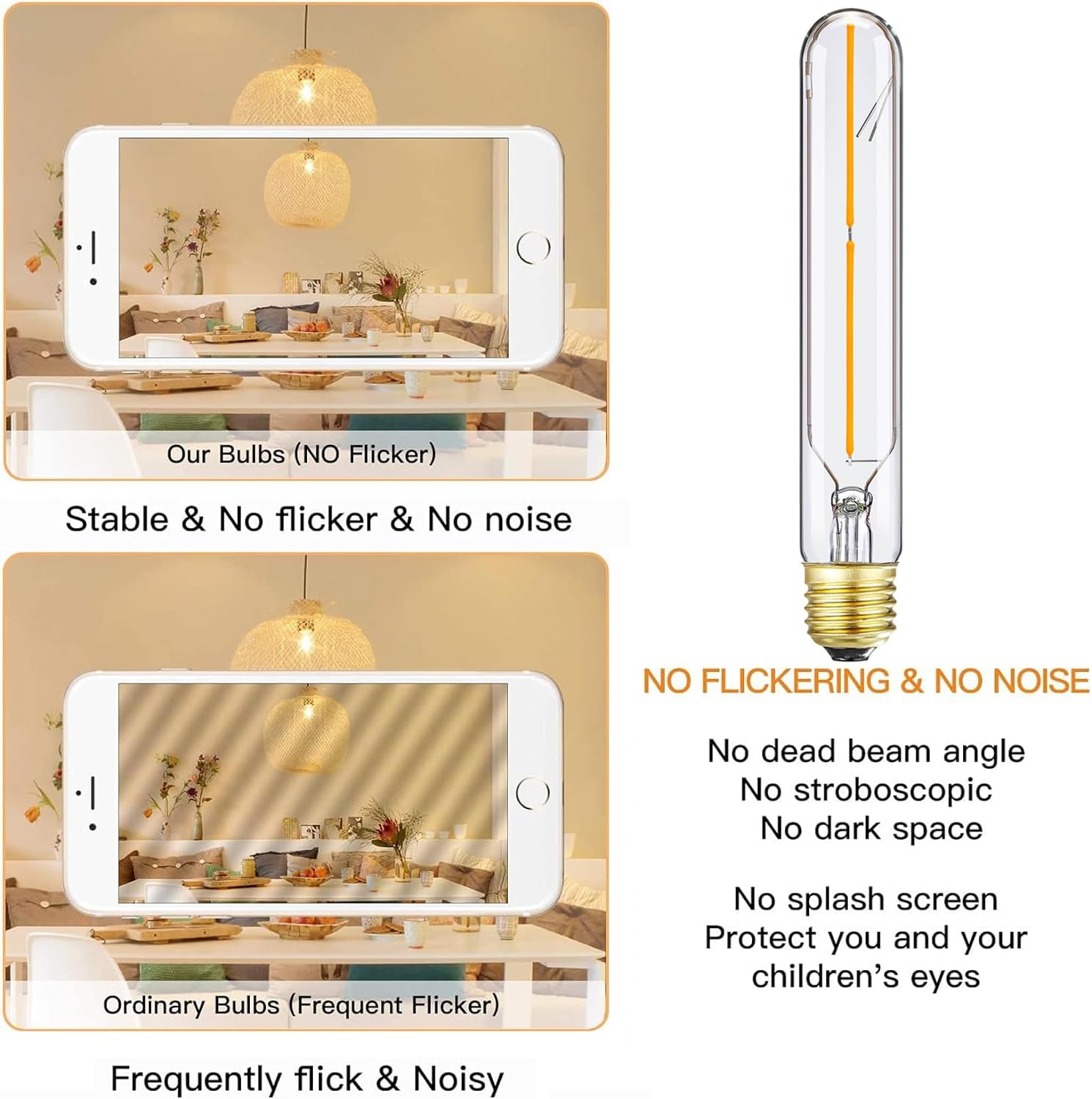E26 Tubular LED Bulb 4W Equal 40 Watt Soft White 3000K Dimmable E26 Edison AC120V 400lm Tube T9 T10 LED Light Bulb for Rustic Pendant,Chandeliers,Wall sconces,6Pack