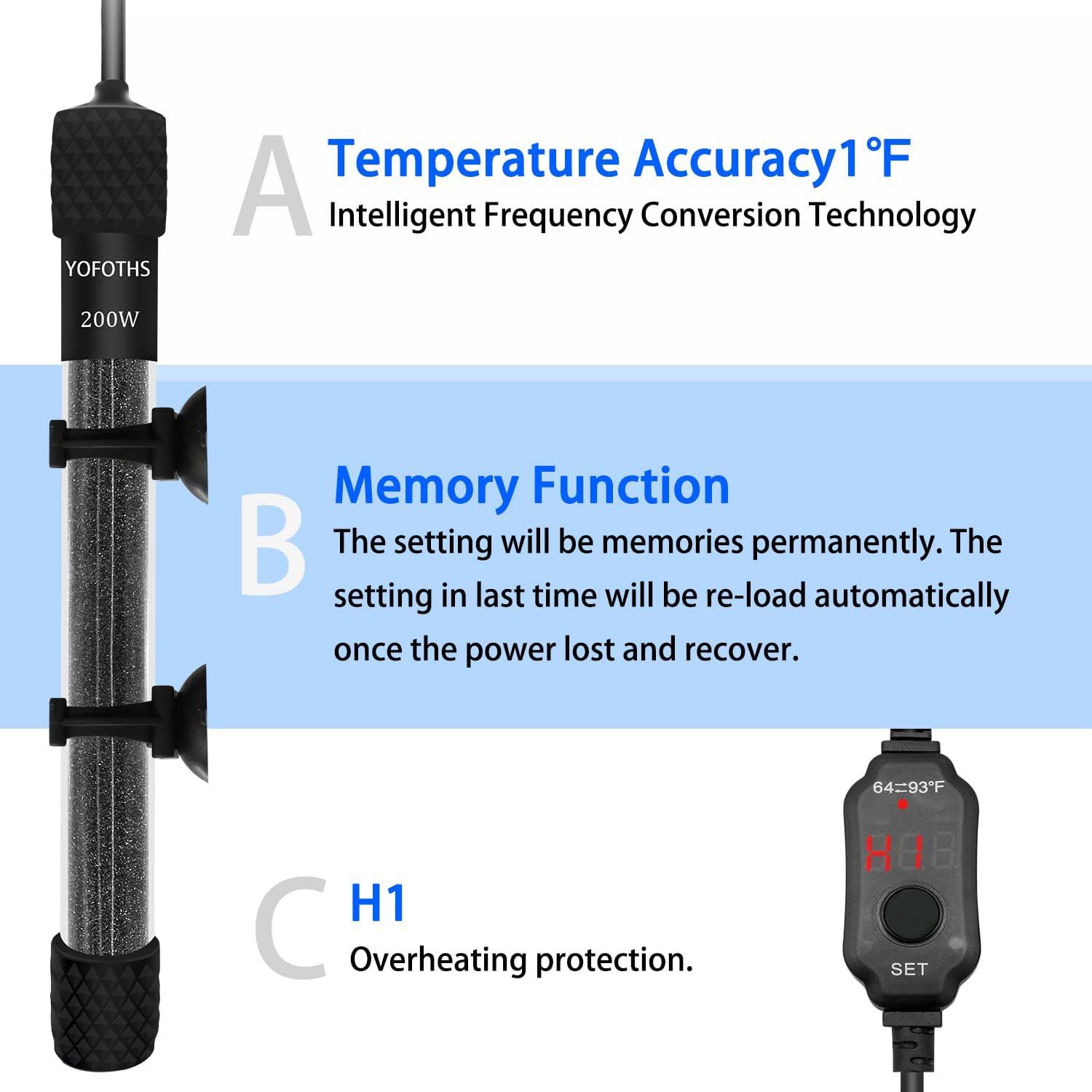 Adjustable Mini Aquarium Heater 20-40 Gallons Submersible Small Fish Tank Heater 200W Digital Display Thermostat External Temperature Controller (200W)