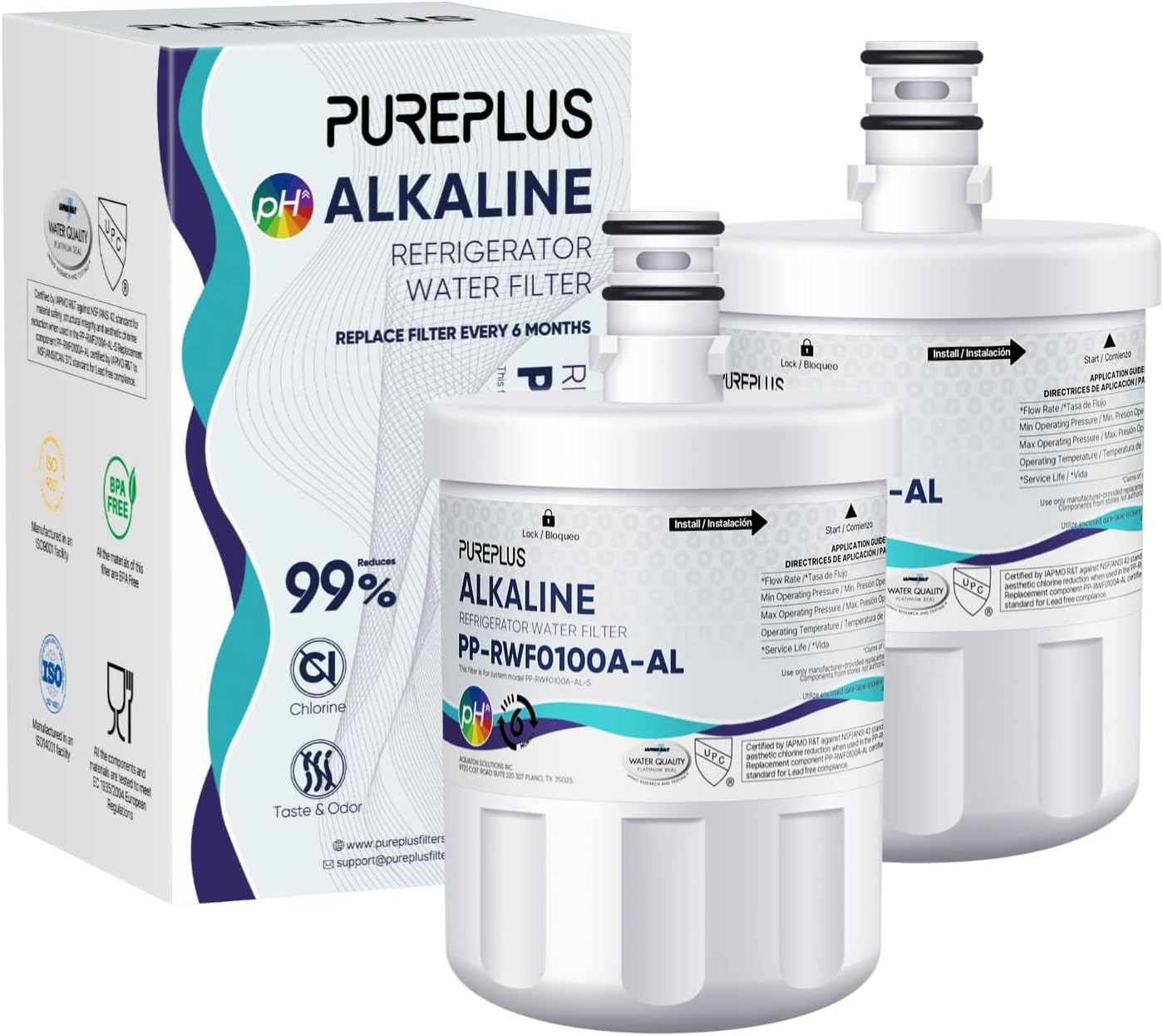 PUREPLUS Alkaline 5231JA2002A Replacement for LG LT500P, ADQ72910901, GEN11042FR-08, Kenmore 9890, 469890, HDX FML-1, ADQ72910907, LSC27925ST, LFX25974ST, LFX25973D, Refrigerator Water Filter, 2Pack