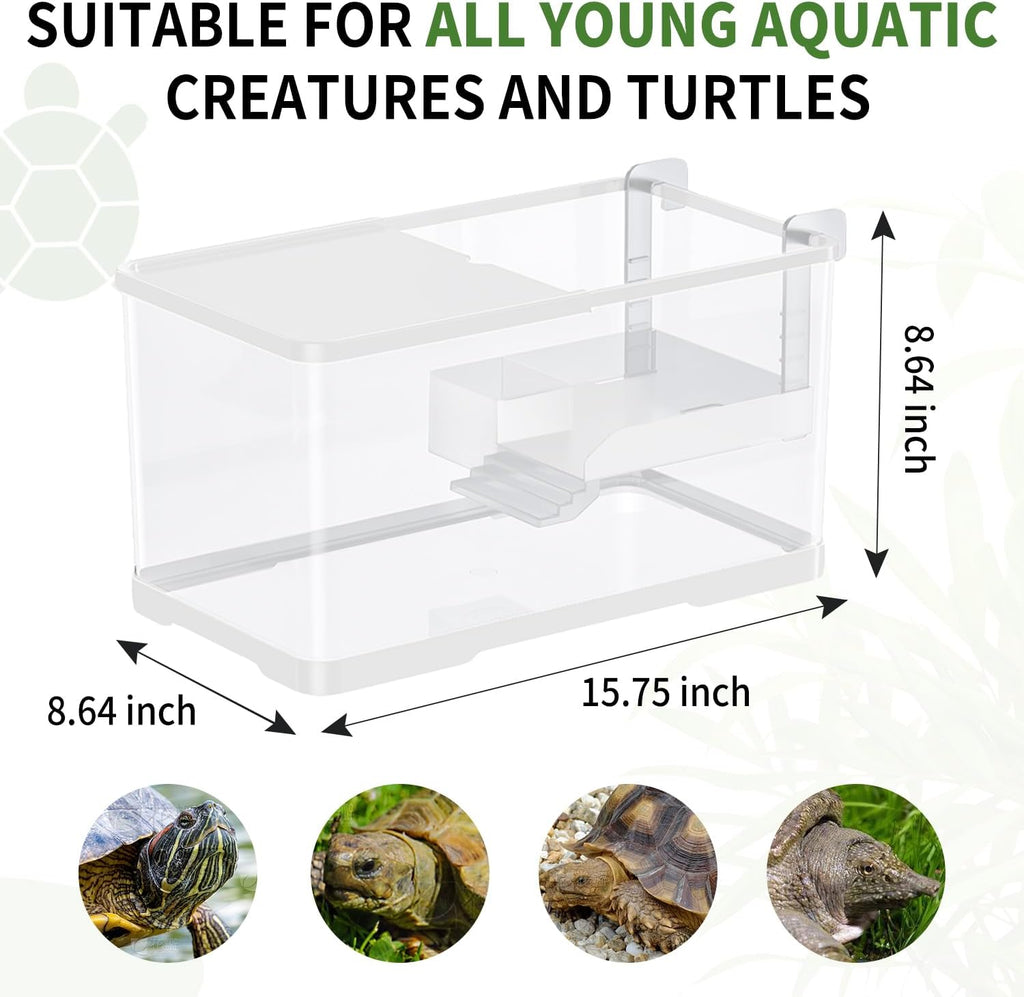(Tank + Light + Filter + Filter Balls) Turtle Tank Kit, Turtle Tank Starter Kit,Bottom Drainage, Multi-Function Areas for Turtles, Crabs,Fishes, Amphibians,Reptiles. (15.75 x 8.64 x 8.64 Inch)