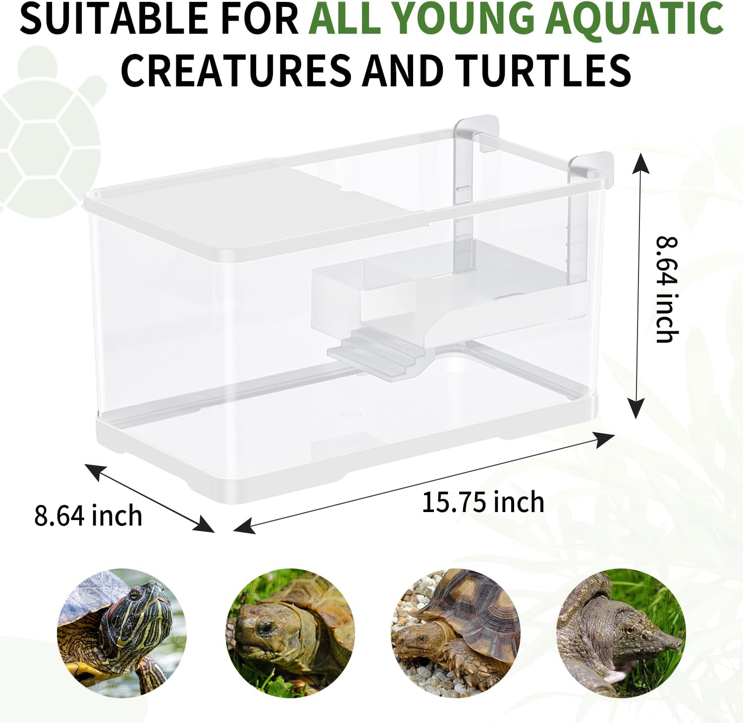 (Tank + Light + Filter + Filter Balls) Turtle Tank Kit, Turtle Tank Starter Kit,Bottom Drainage, Multi-Function Areas for Turtles, Crabs,Fishes, Amphibians,Reptiles. (15.75 x 8.64 x 8.64 Inch)