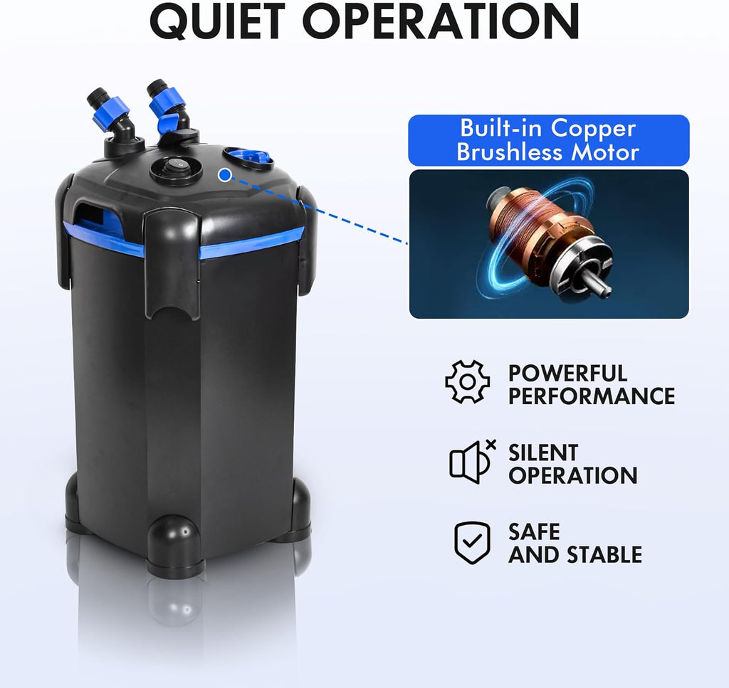 AMOSIJOY 396GPH 3-Stage Canister Filter, Ultra-Quiet External Aquarium Filter with Free Media for Large Fish Tanks and Aquariums