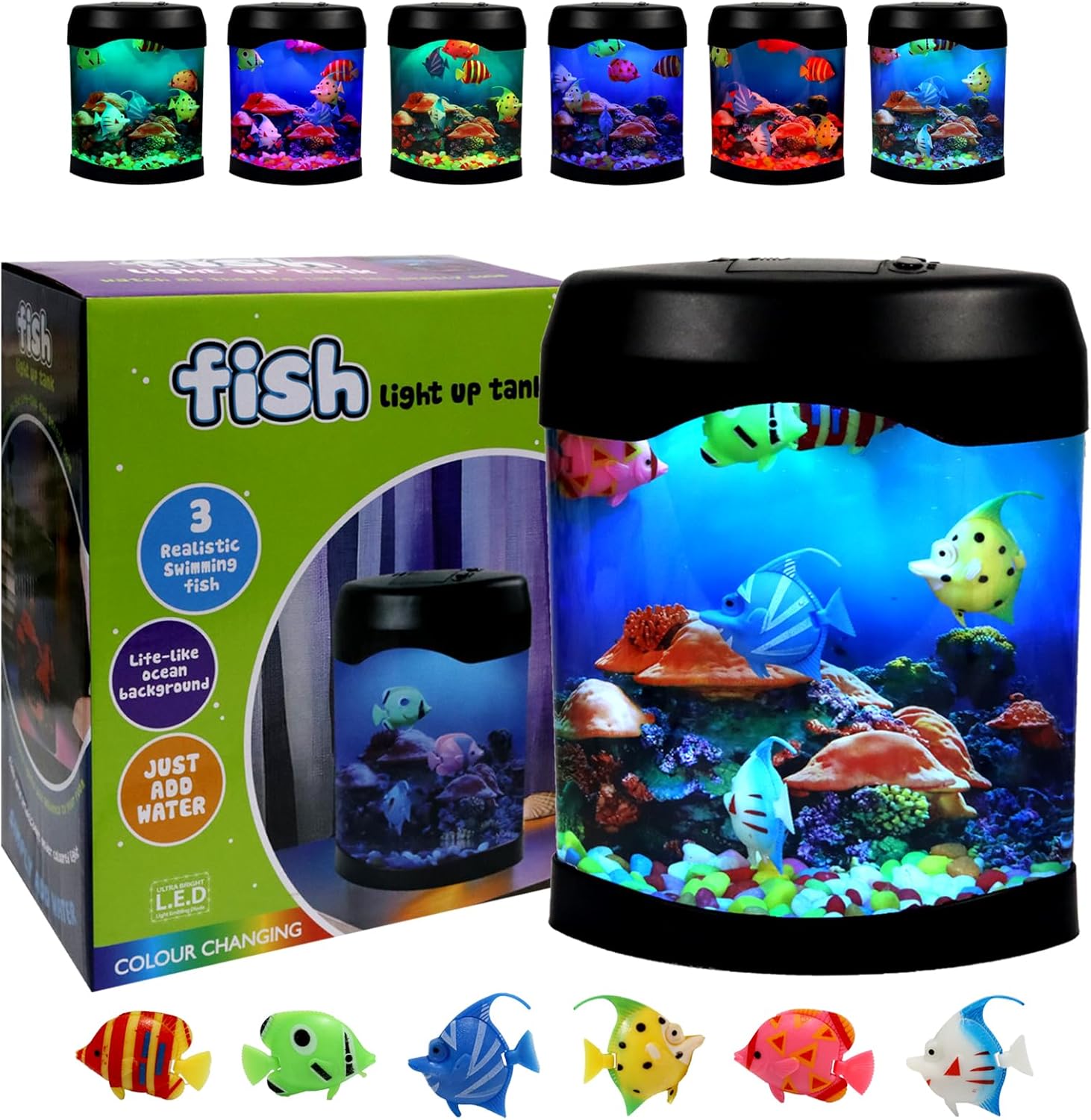 Glowing Fish Lamp Aquarium with 6 Color-Changing LED, 6 Moving Fake Fish & Realistic Ocean Scene - USB Powered Night Light for Bedroom, Office Decor, Relaxation Ideal Gift with Auto Shut-Off