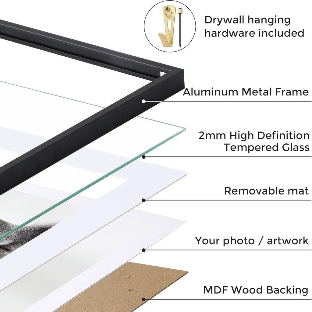 22x28 Metal Picture Frame with 18x24 Mat, Brushed Aluminum Finish, Tempered Glass Front, and Attached Hanging Hardware - Wall Display Frames for Vertical or Horizontal Orientation - Black