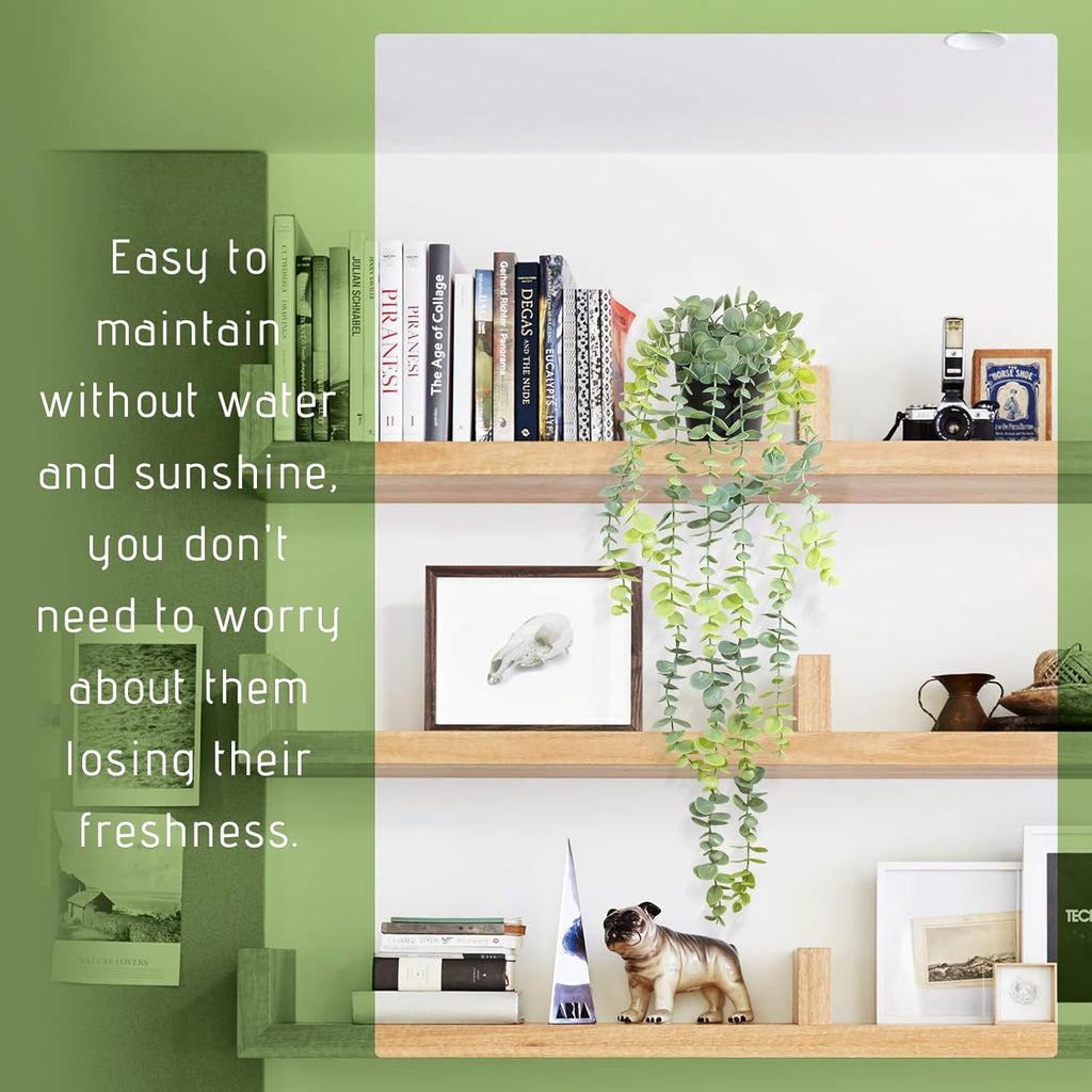 Fake Hanging Eucalyptus Plants Artificial Faux Plants Indoor Small Hanging Greenery Decor for Shelf with Black Pot Soft Green for Living Room, Kitchen, Balcony, Garden, Bedroom
