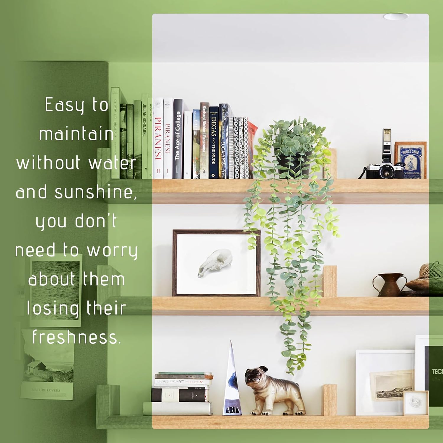 Fake Hanging Eucalyptus Plants Artificial Faux Plants Indoor Small Hanging Greenery Decor for Shelf with Black Pot Soft Green for Living Room, Kitchen, Balcony, Garden, Bedroom